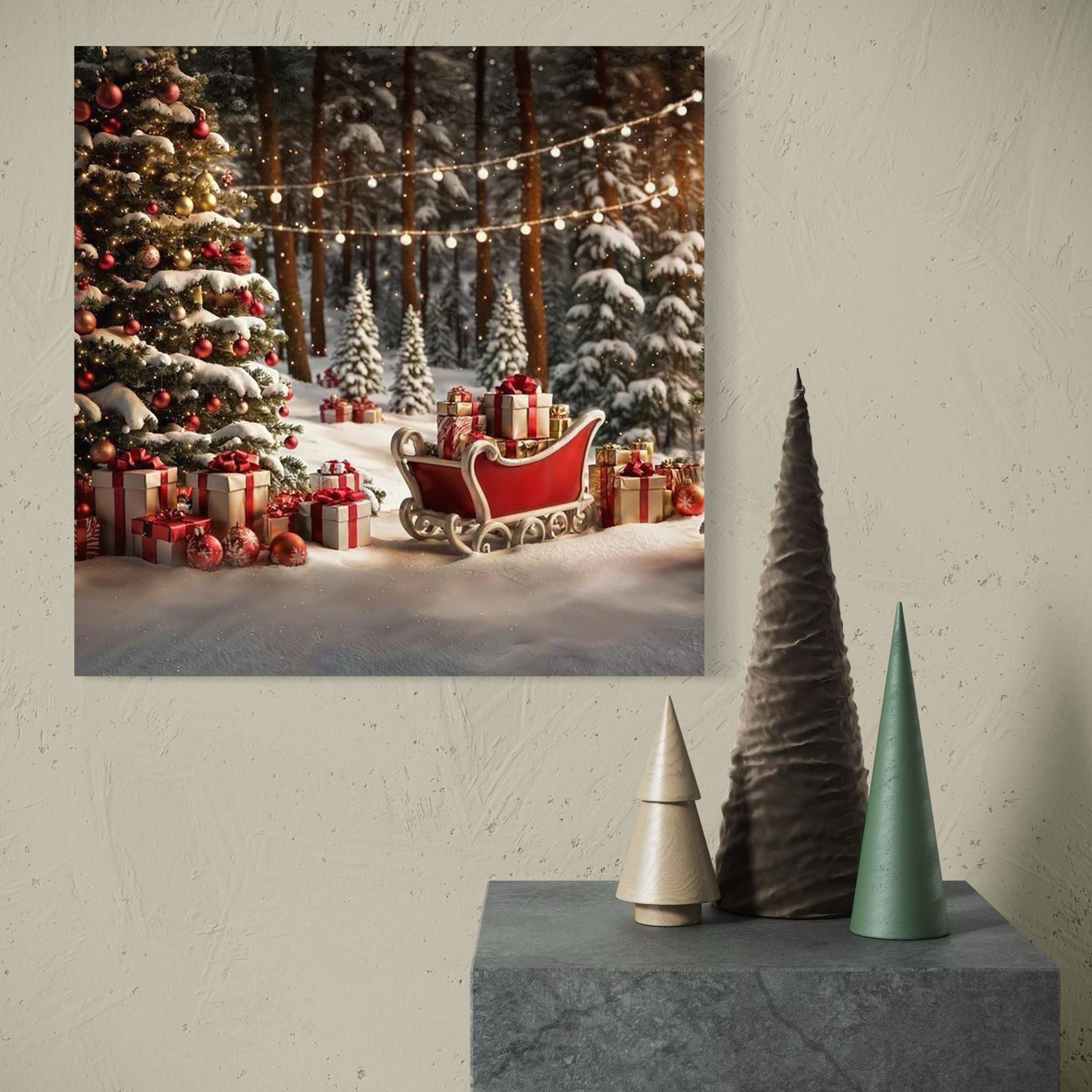 Tablou Canvas Premium, LuxCanva® D1130, Sania Fermecata a Craciunului, Sanie, Desaga, Cadouri, Noapte, Ajun, Reni, Zbor, Casuta, Padure, Poveste, Iarna, Living, Dormitor