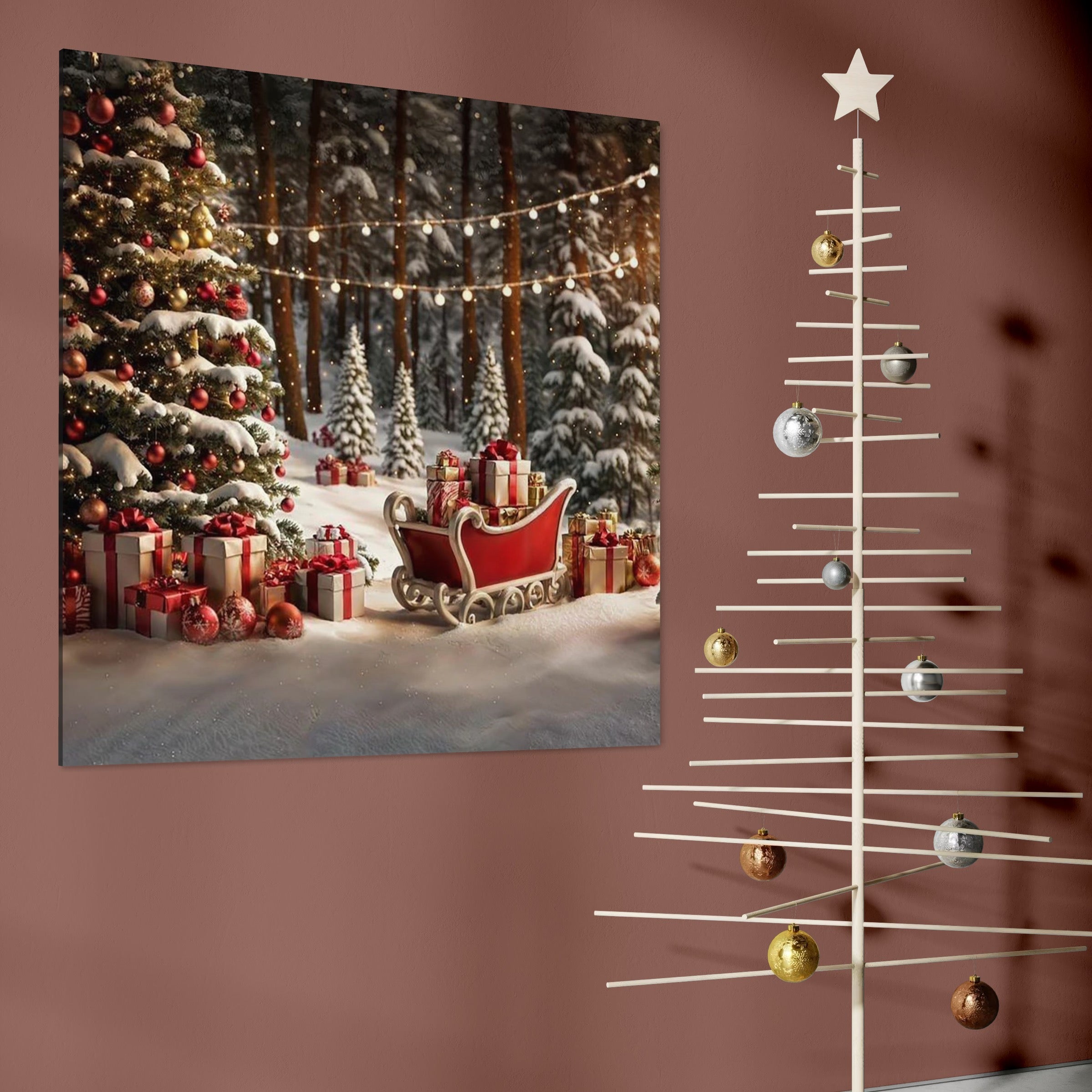 Tablou Canvas Premium, LuxCanva® D1130, Sania Fermecata a Craciunului, Sanie, Desaga, Cadouri, Noapte, Ajun, Reni, Zbor, Casuta, Padure, Poveste, Iarna, Living, Dormitor