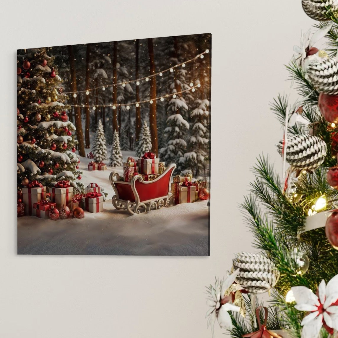 Tablou Canvas Premium, LuxCanva® D1130, Sania Fermecata a Craciunului, Sanie, Desaga, Cadouri, Noapte, Ajun, Reni, Zbor, Casuta, Padure, Poveste, Iarna, Living, Dormitor