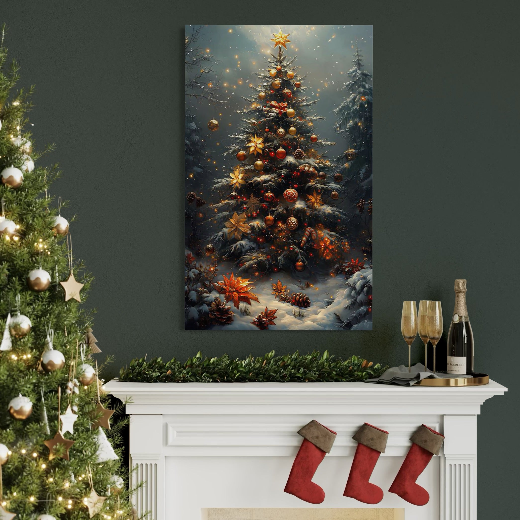 Tablou Canvas Premium, LuxCanva® D1132, Bradul Fermecat, Brad, Craciun, Luminite, Auriu, Decorat, Impodobit, Padure, Seara, Iarna, Festiv, Ninsoare, Living, Dormitor