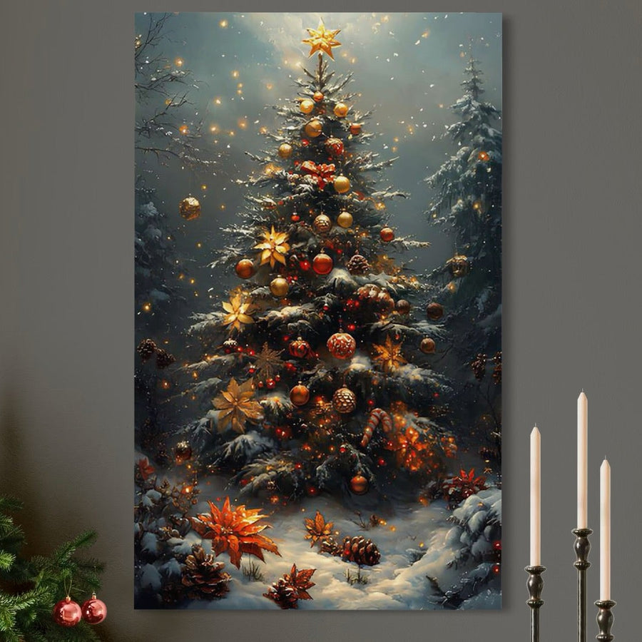 Transformați-vă spațiul cu LuxCanva® Tablou Canvas Premium D1132: "Bradul Fermecat" - un brad magic de Crăciun împodobit cu ornamente aurii și roșii, lumini strălucitoare și detalii festive într-o pădure înzăpezită. Perfect pentru camera de zi sau dormitor!.