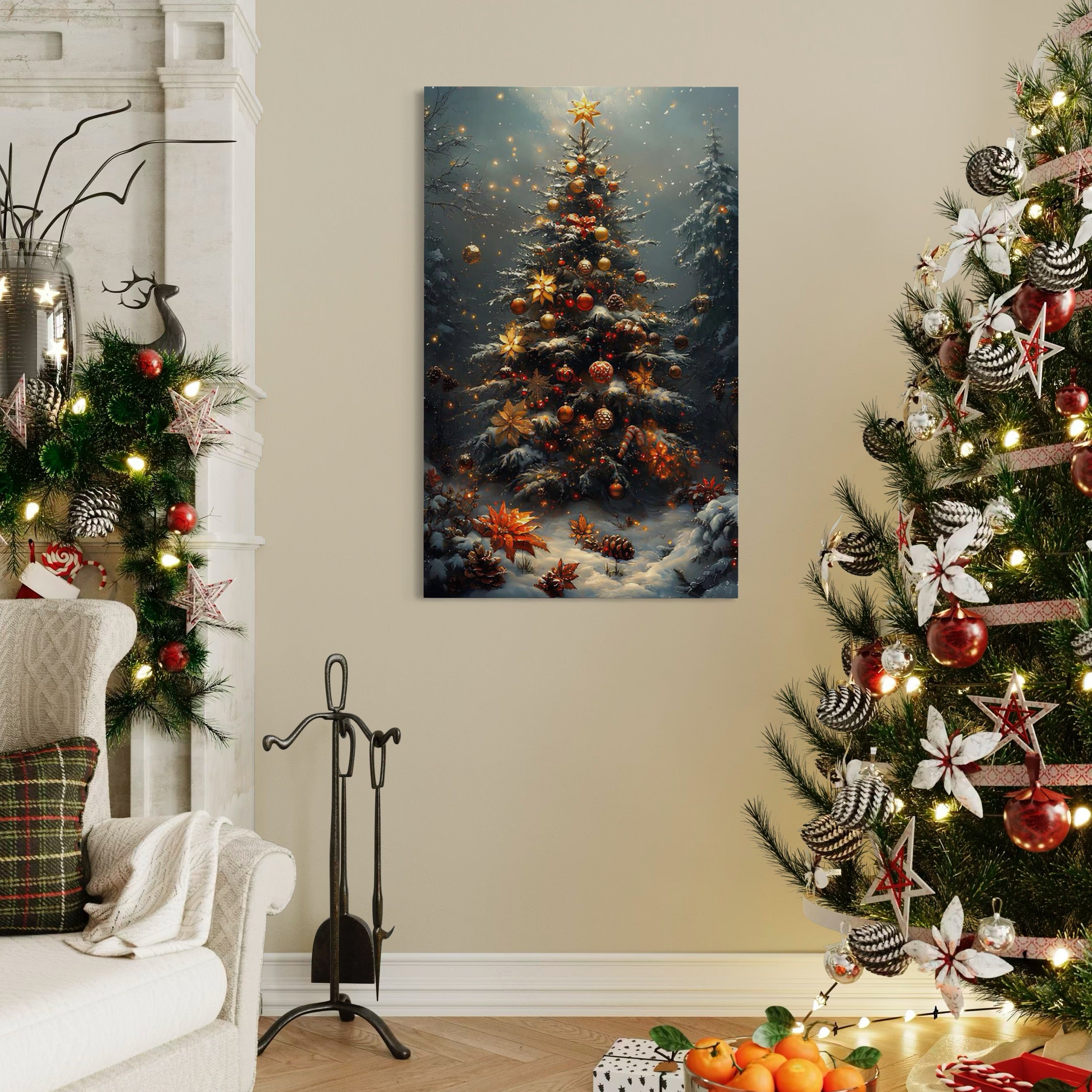 Tablou Canvas Premium, LuxCanva® D1132, Bradul Fermecat, Brad, Craciun, Luminite, Auriu, Decorat, Impodobit, Padure, Seara, Iarna, Festiv, Ninsoare, Living, Dormitor