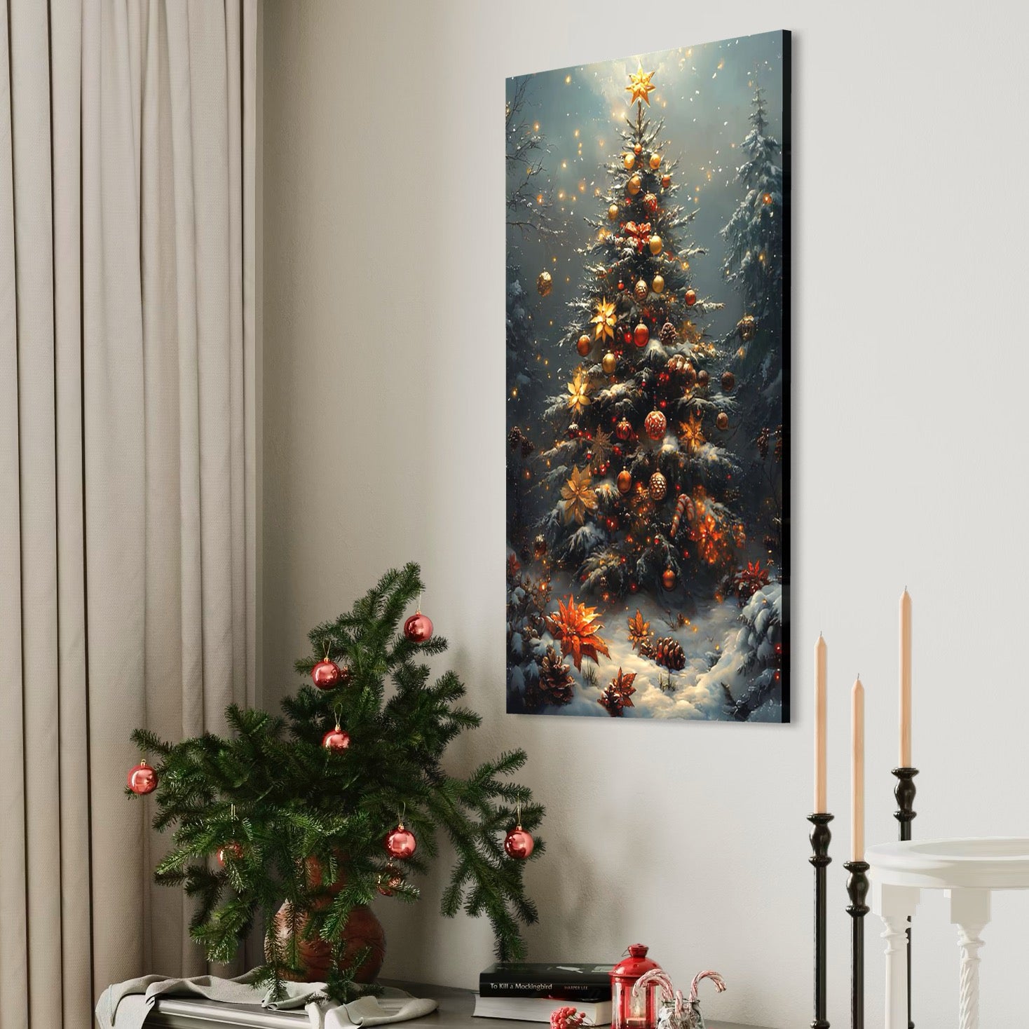 Tablou Canvas Premium, LuxCanva® D1132, Bradul Fermecat, Brad, Craciun, Luminite, Auriu, Decorat, Impodobit, Padure, Seara, Iarna, Festiv, Ninsoare, Living, Dormitor