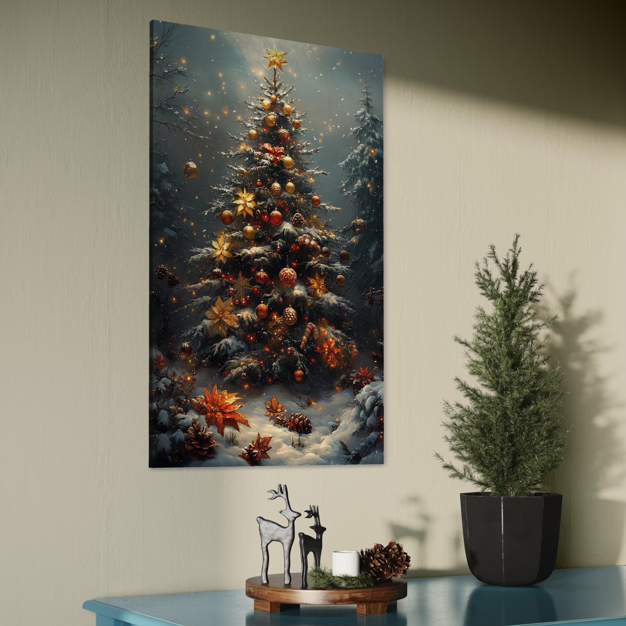 Tablou Canvas Premium, LuxCanva® D1132, Bradul Fermecat, Brad, Craciun, Luminite, Auriu, Decorat, Impodobit, Padure, Seara, Iarna, Festiv, Ninsoare, Living, Dormitor