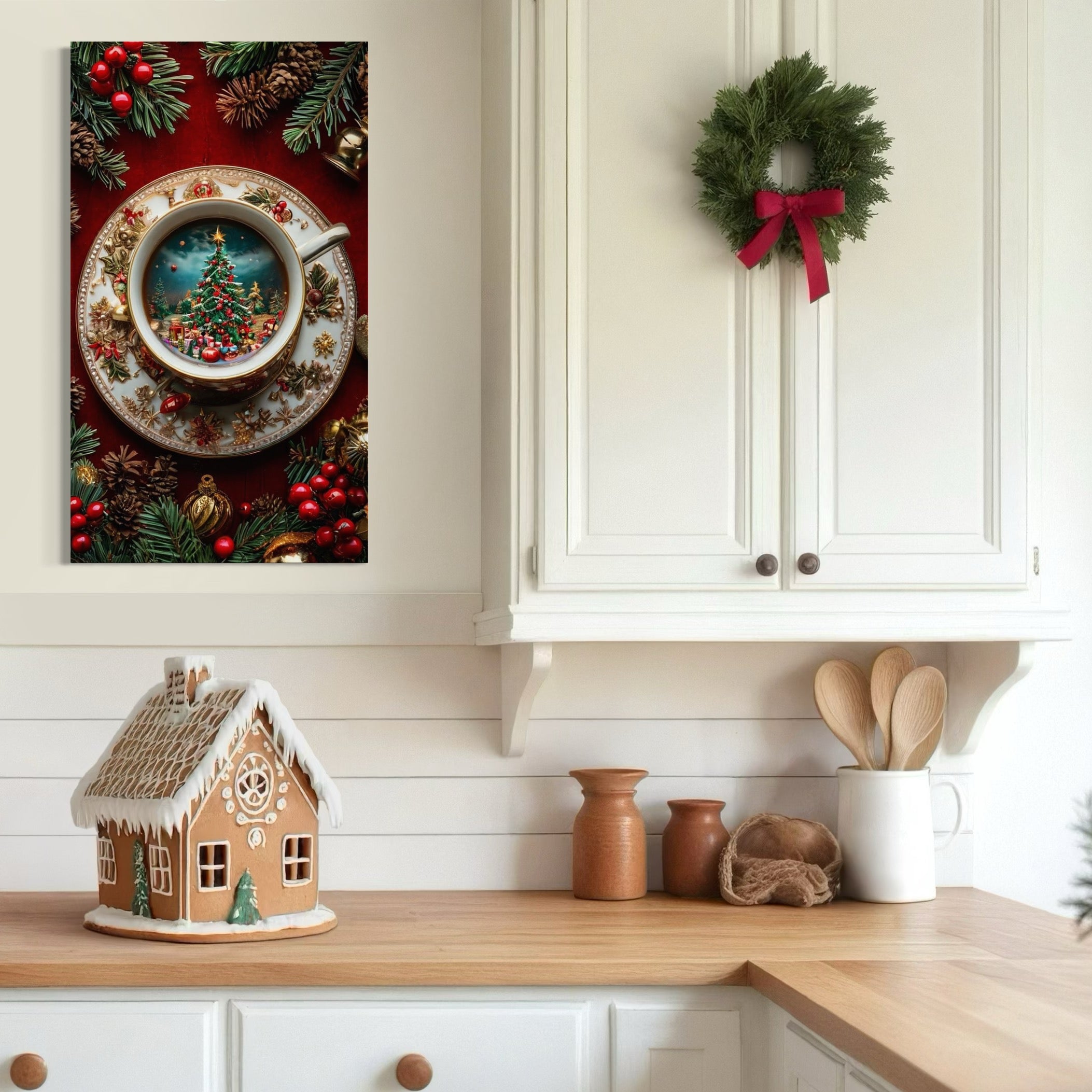 Tablou Canvas Premium, LuxCanva® D1134, Magie in ceasca, Miniatura, Boabe, Cafea, Ceasca, Farfurie, Ornament, Conuri, Brad, Crengute, Atmosfera, Calda, Craciun, Living, Dormitor