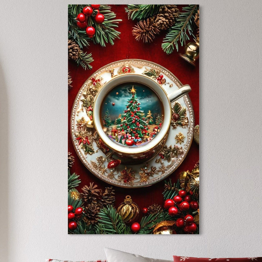 O ceașcă de ceai decorativă și o farfurioară sunt înconjurate de conuri de pin, ramuri de brad și fructe de holly, oferind un design festiv de Crăciun la fel de viu ca ornamentul LuxCanva® Tablou Canvas Premium "Magie in ceasca" D1134 pentru sufragerie sau dormitor.
