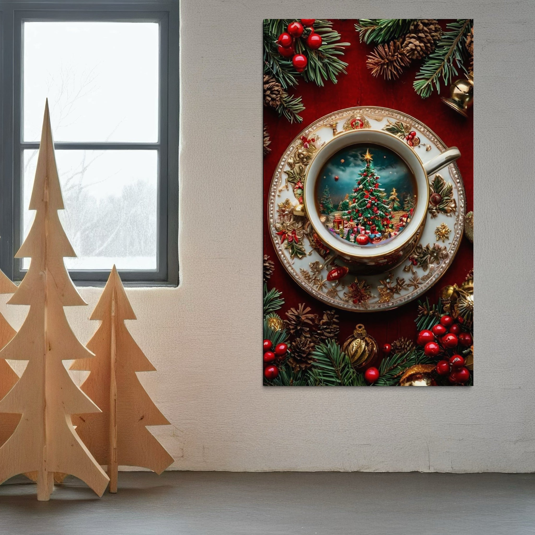 Tablou Canvas Premium, LuxCanva® D1134, Magie in ceasca, Miniatura, Boabe, Cafea, Ceasca, Farfurie, Ornament, Conuri, Brad, Crengute, Atmosfera, Calda, Craciun, Living, Dormitor