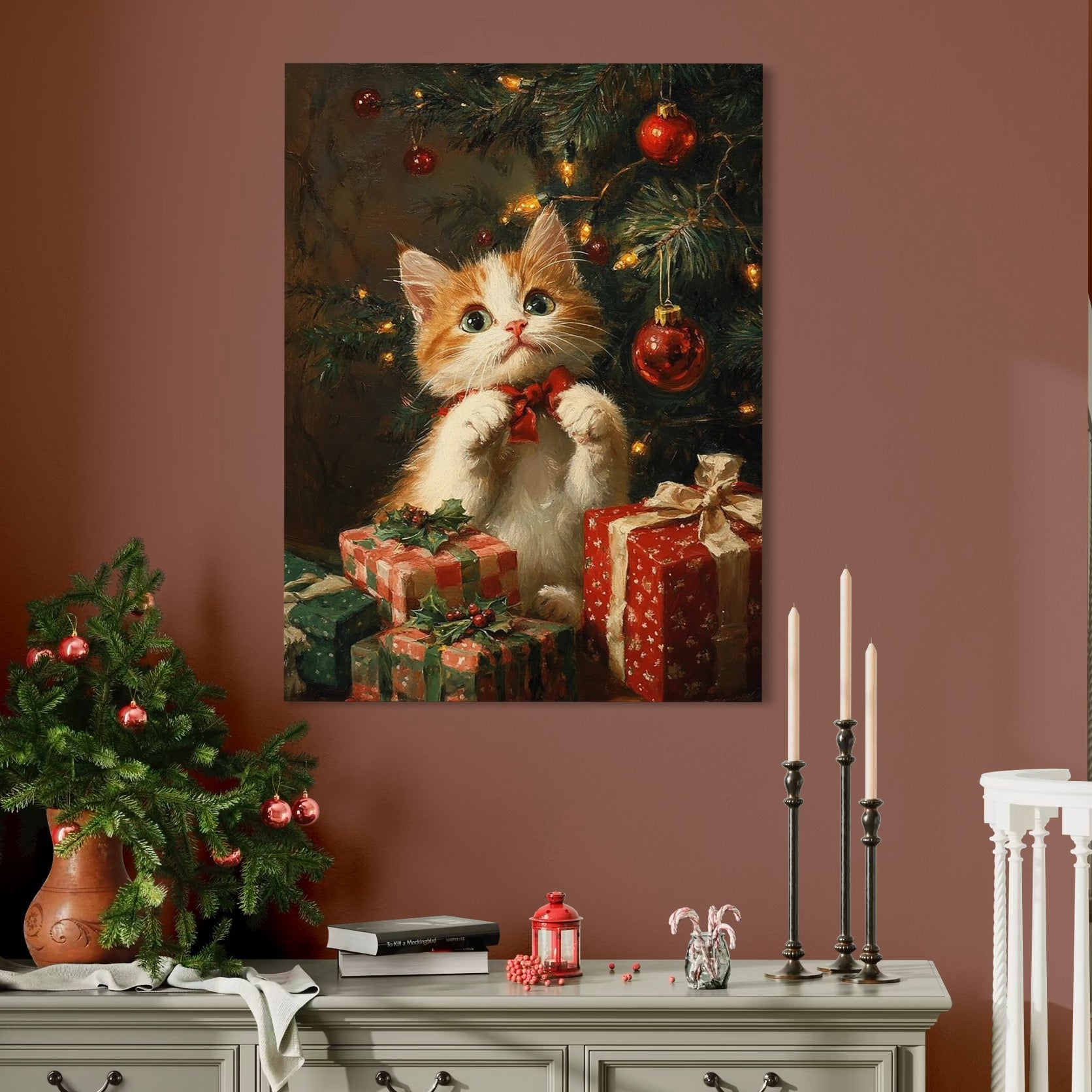 Tablou Canvas Premium, LuxCanva® D1135, Craciunul Unui Ghem de Blana, Pisicuta, Funda, Rosie, Blanita, Labute, Mustati, Brad, Cadou, Pufos, Inocenta, Dar, Living, Dormitor