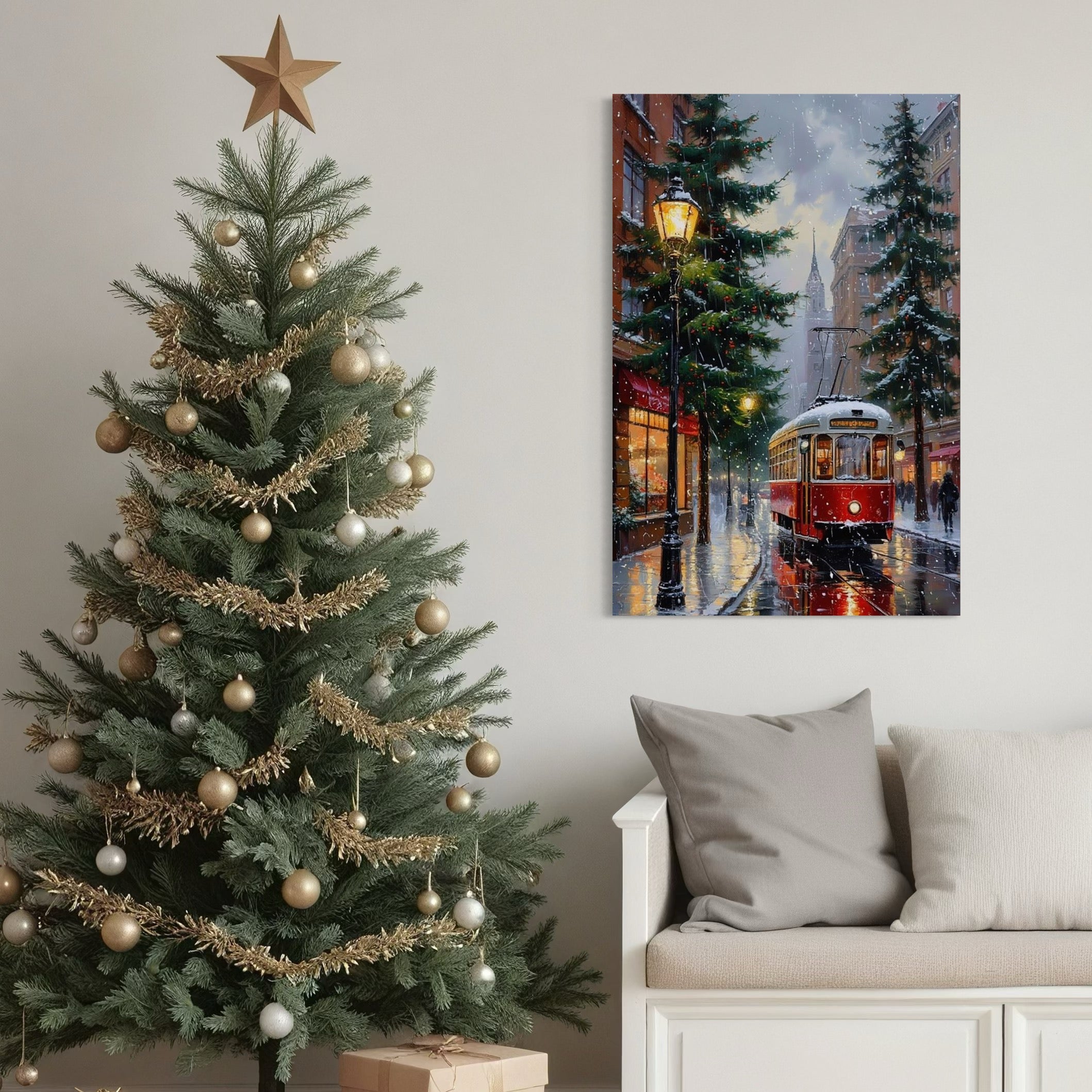 Tablou Canvas Premium, LuxCanva® D1136, Tramvaiul Rosu in Ajun, Iarna, Craciun, Strada, Tramvai, Rosu, Ninsoare, Oras, Urban, Plimbare, Pieton, Stralucire, Lampi, Living, Dormitor