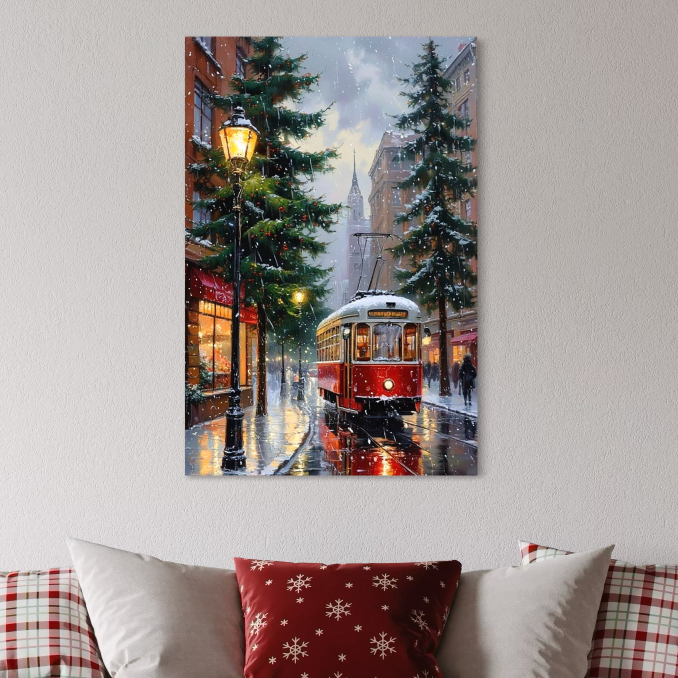 Tablou Canvas Premium, LuxCanva® D1136, Tramvaiul Rosu in Ajun, Iarna, Craciun, Strada, Tramvai, Rosu, Ninsoare, Oras, Urban, Plimbare, Pieton, Stralucire, Lampi, Living, Dormitor