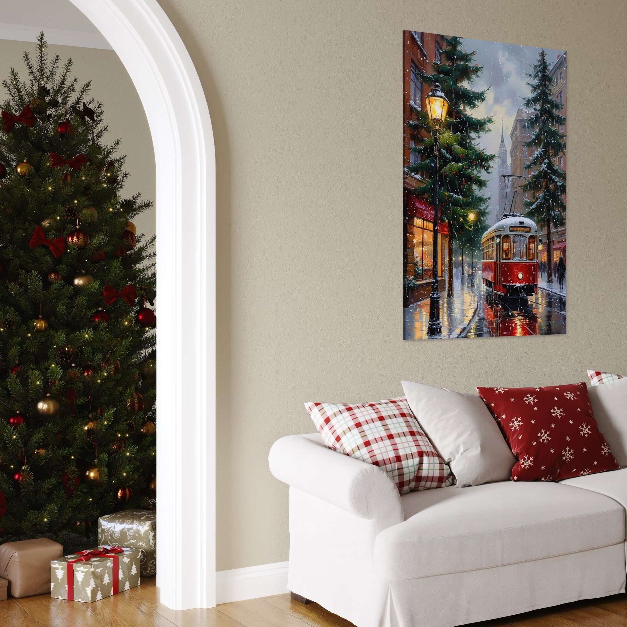 Tablou Canvas Premium, LuxCanva® D1136, Tramvaiul Rosu in Ajun, Iarna, Craciun, Strada, Tramvai, Rosu, Ninsoare, Oras, Urban, Plimbare, Pieton, Stralucire, Lampi, Living, Dormitor