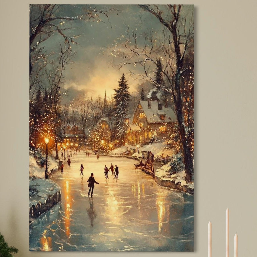 Tablou Canvas Premium LuxCanva® D1137: Dans pe Gheata Aurie - un peisaj vintage de iarnă, cu patinatori pe un patinoar înconjurat de copaci ninși și case luminate festiv, perfect pentru living sau dormitor.