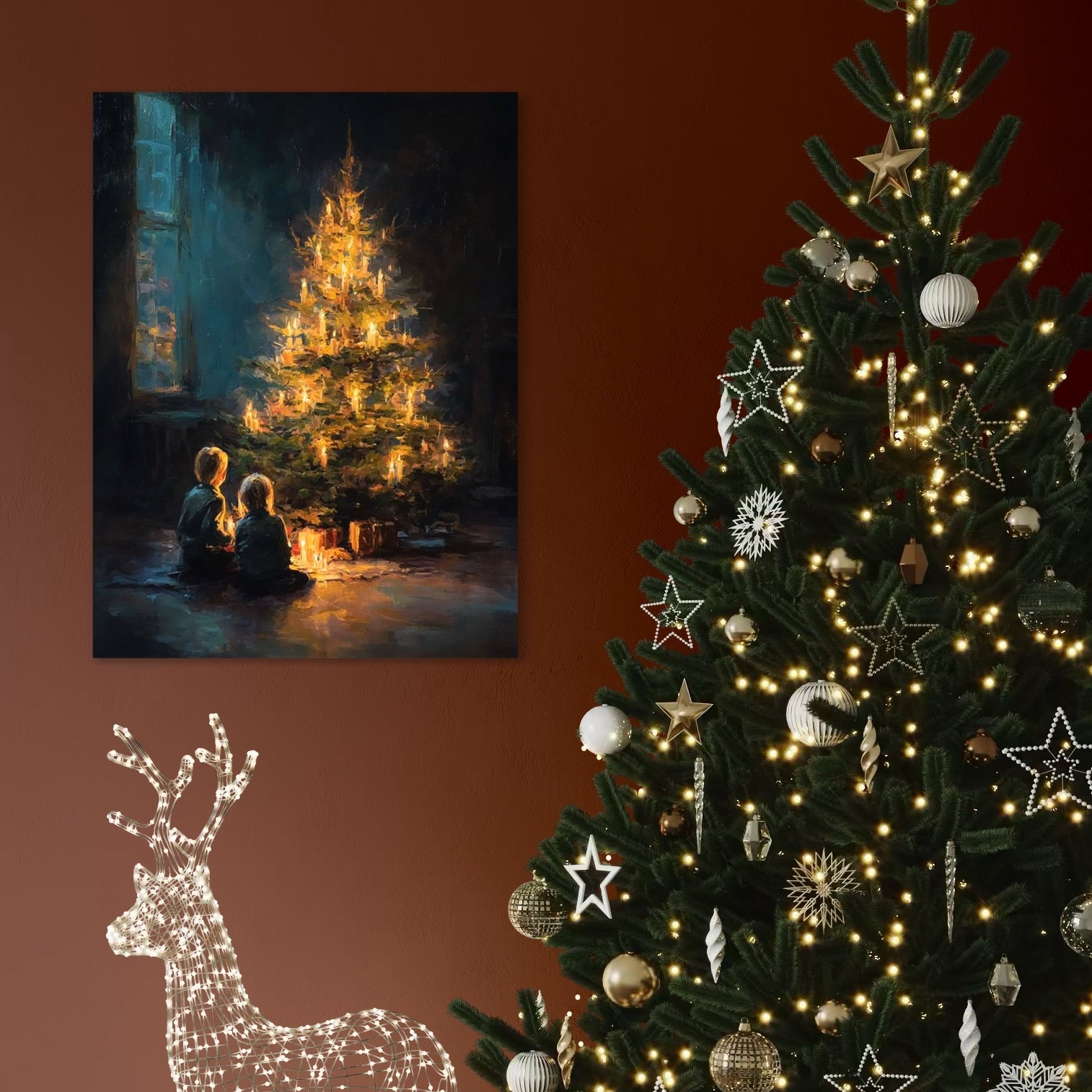 Tablou Canvas Premium, LuxCanva® D1138, Seara In Care Dorintele Se Aprind, Iarna, Sarbatori, Copii, Frate, Sora, Emotie, Asteptare, Mos Craciun, Ajun, Brad, Nostalgie, Living, Dormitor