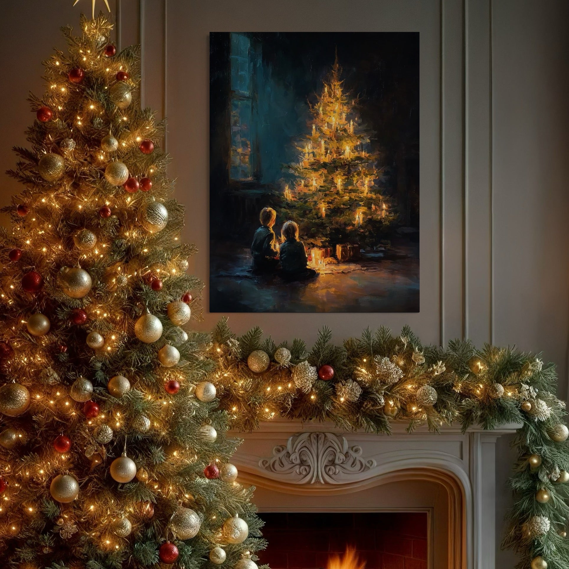 Tablou Canvas Premium, LuxCanva® D1138, Seara In Care Dorintele Se Aprind, Iarna, Sarbatori, Copii, Frate, Sora, Emotie, Asteptare, Mos Craciun, Ajun, Brad, Nostalgie, Living, Dormitor
