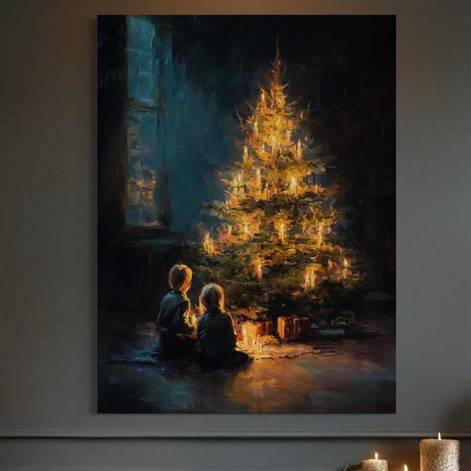 Tablou Canvas Premium, LuxCanva® D1138, Seara In Care Dorintele Se Aprind, Iarna, Sarbatori, Copii, Frate, Sora, Emotie, Asteptare, Mos Craciun, Ajun, Brad, Nostalgie, Living, Dormitor