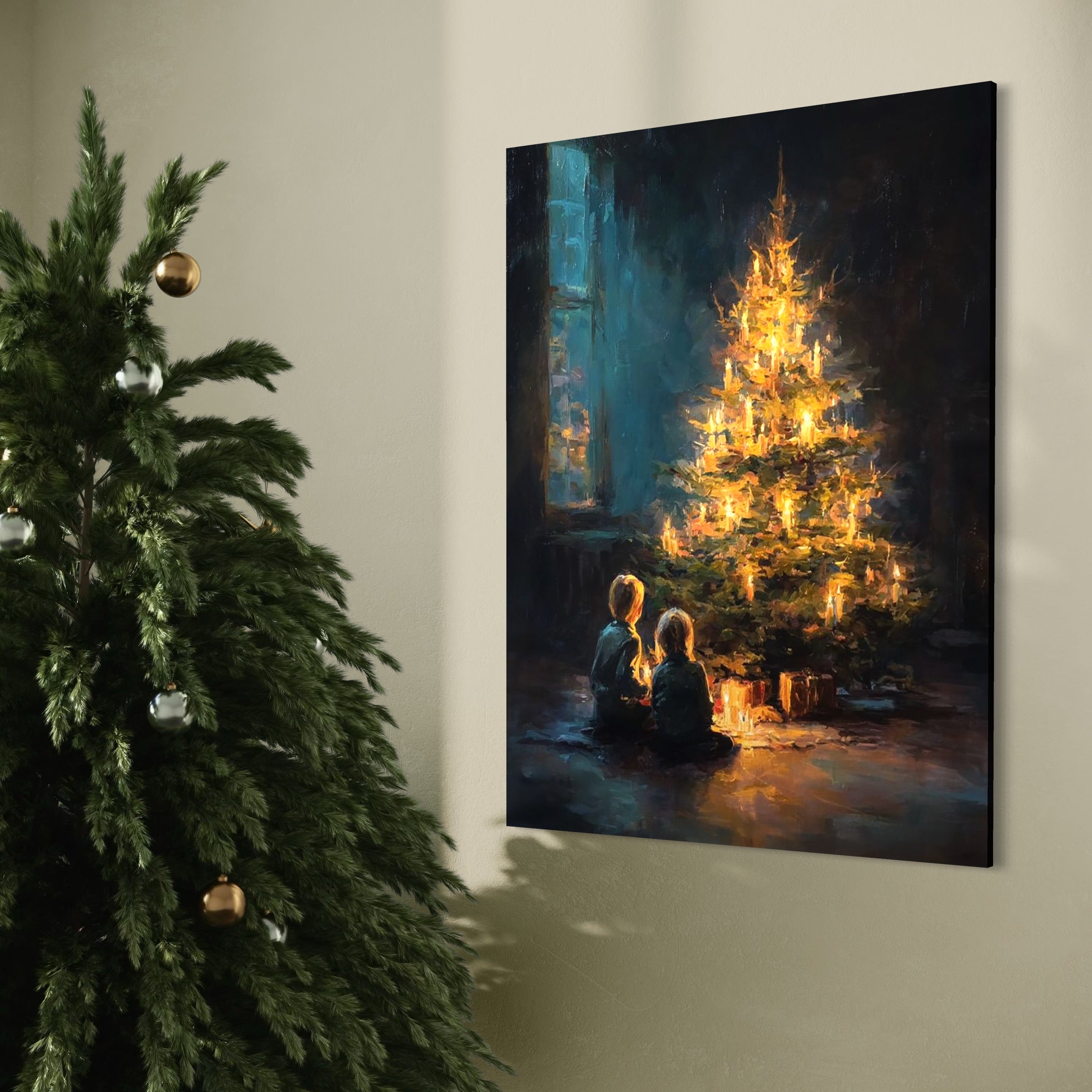 Tablou Canvas Premium, LuxCanva® D1138, Seara In Care Dorintele Se Aprind, Iarna, Sarbatori, Copii, Frate, Sora, Emotie, Asteptare, Mos Craciun, Ajun, Brad, Nostalgie, Living, Dormitor