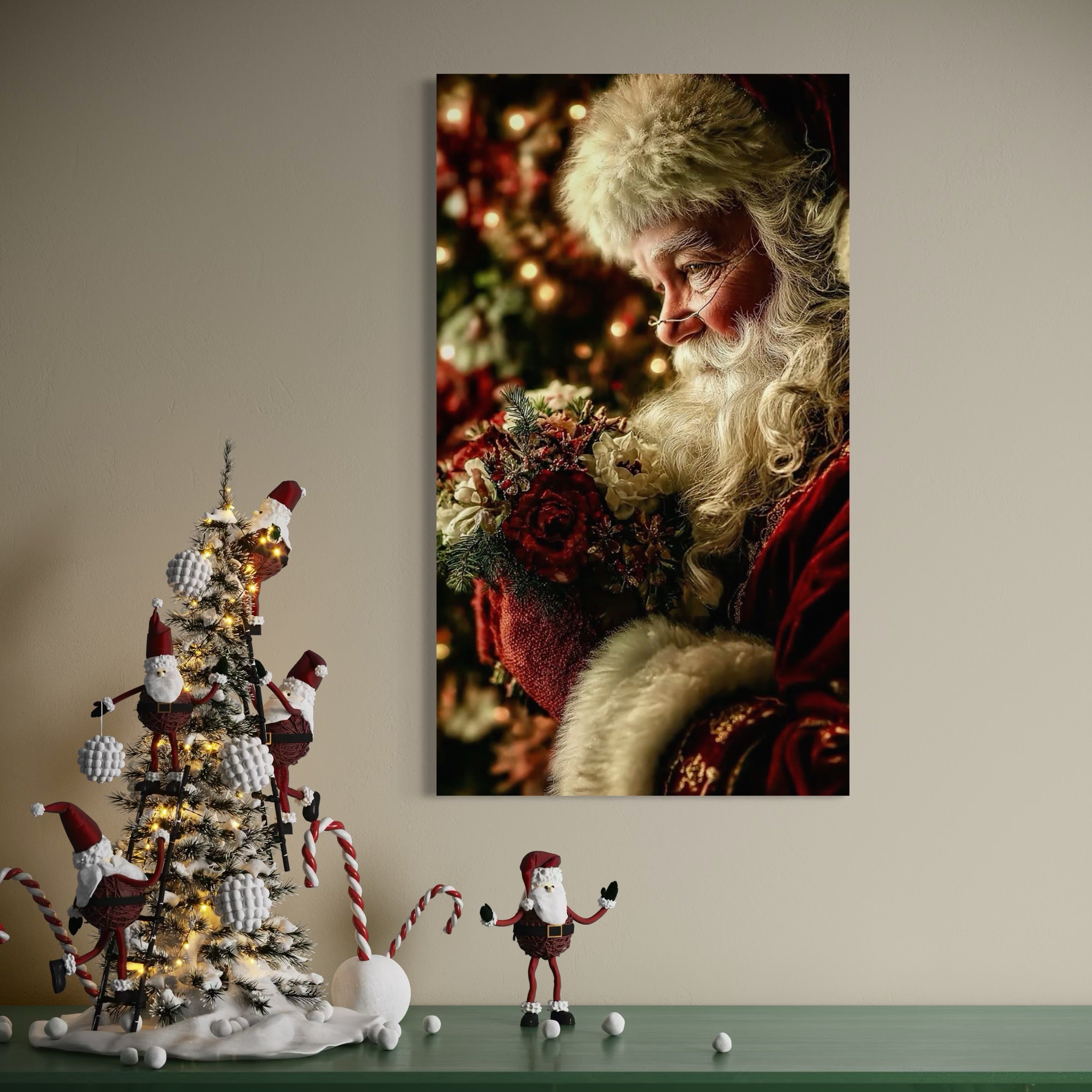 Tablou Canvas Premium, LuxCanva® D1139, Moment de Liniste cu Mos Craciun, Iarna, Ajun, Craciun, Mos, Rosu, Flori, Generozitate, Traditie, Blana, Alb, Barba, Trandafiri, Living, Dormitor