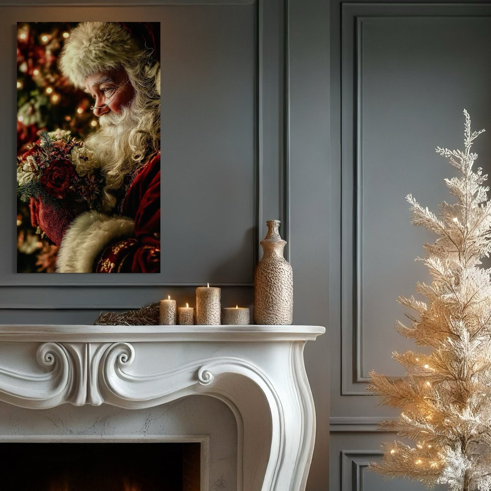 Tablou Canvas Premium, LuxCanva® D1139, Moment de Liniste cu Mos Craciun, Iarna, Ajun, Craciun, Mos, Rosu, Flori, Generozitate, Traditie, Blana, Alb, Barba, Trandafiri, Living, Dormitor