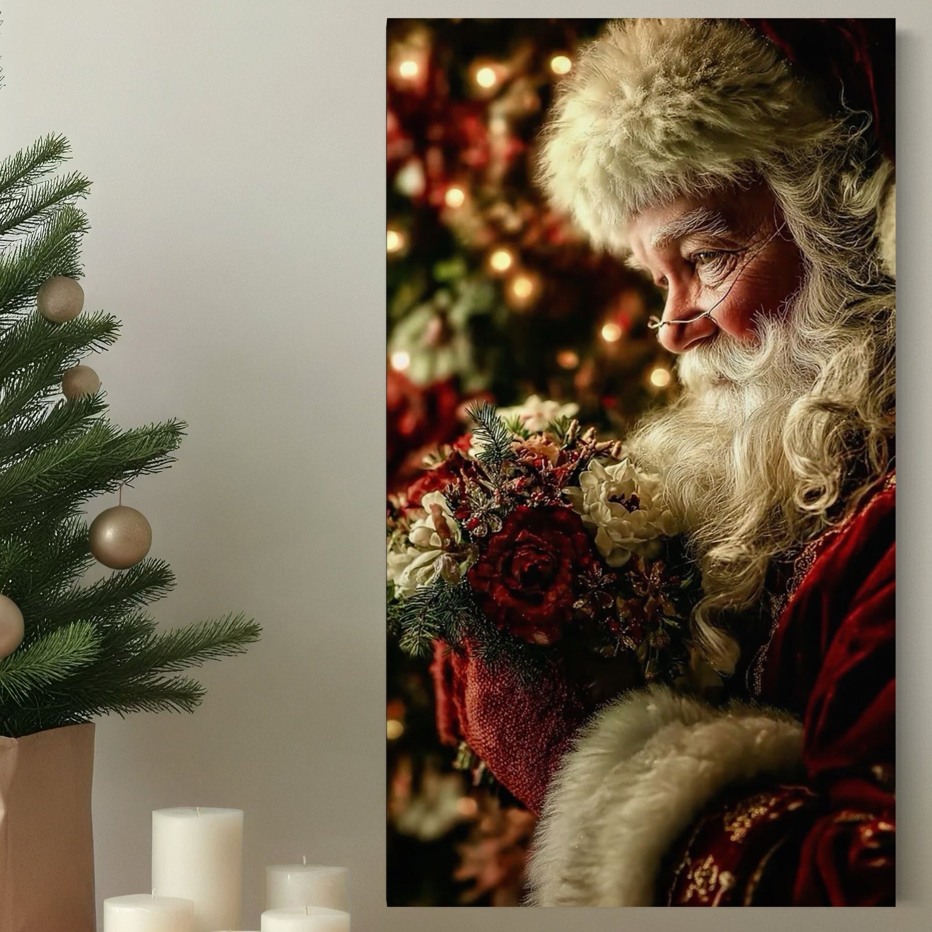 Tablou Canvas Premium, LuxCanva® D1139, Moment de Liniste cu Mos Craciun, Iarna, Ajun, Craciun, Mos, Rosu, Flori, Generozitate, Traditie, Blana, Alb, Barba, Trandafiri, Living, Dormitor