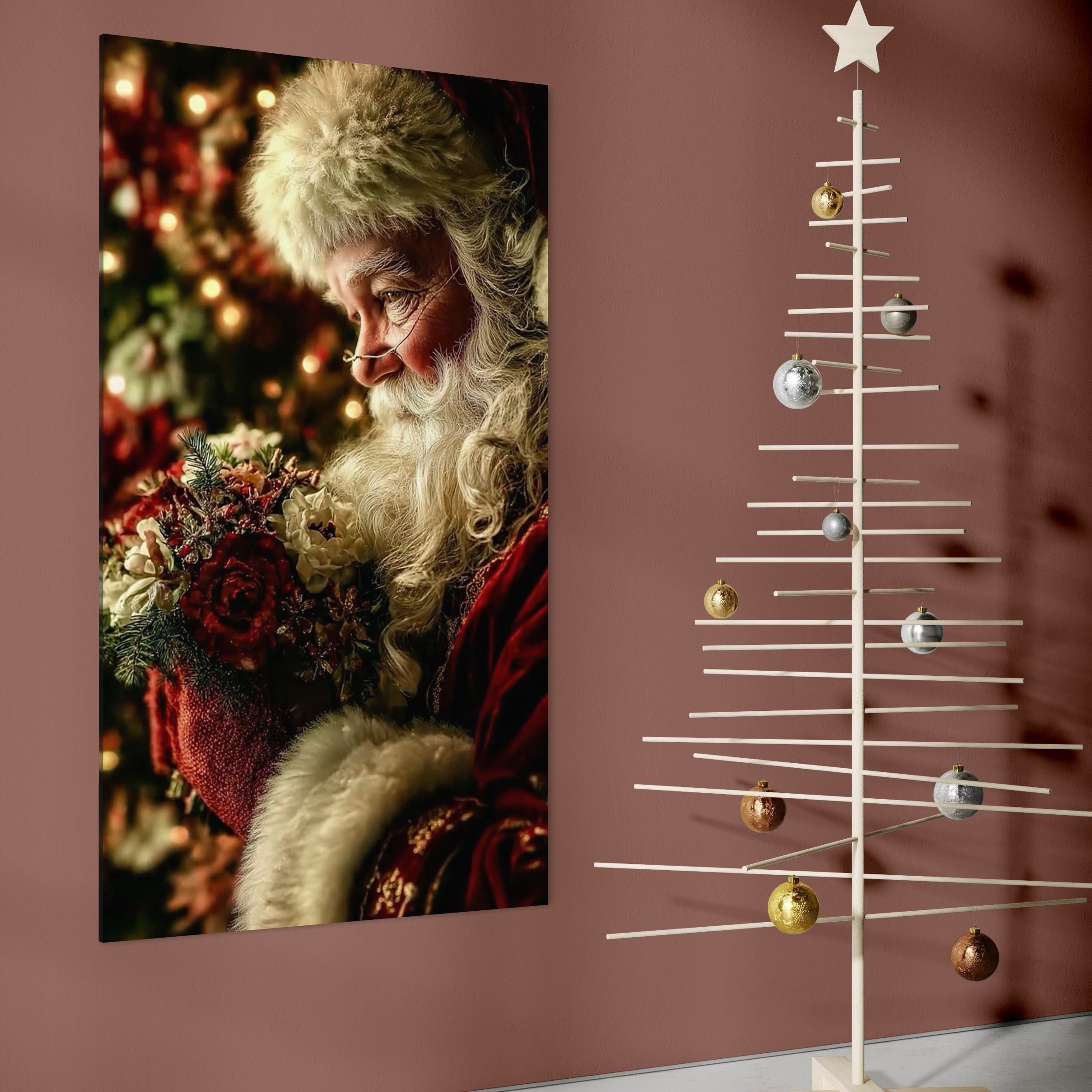 Tablou Canvas Premium, LuxCanva® D1139, Moment de Liniste cu Mos Craciun, Iarna, Ajun, Craciun, Mos, Rosu, Flori, Generozitate, Traditie, Blana, Alb, Barba, Trandafiri, Living, Dormitor