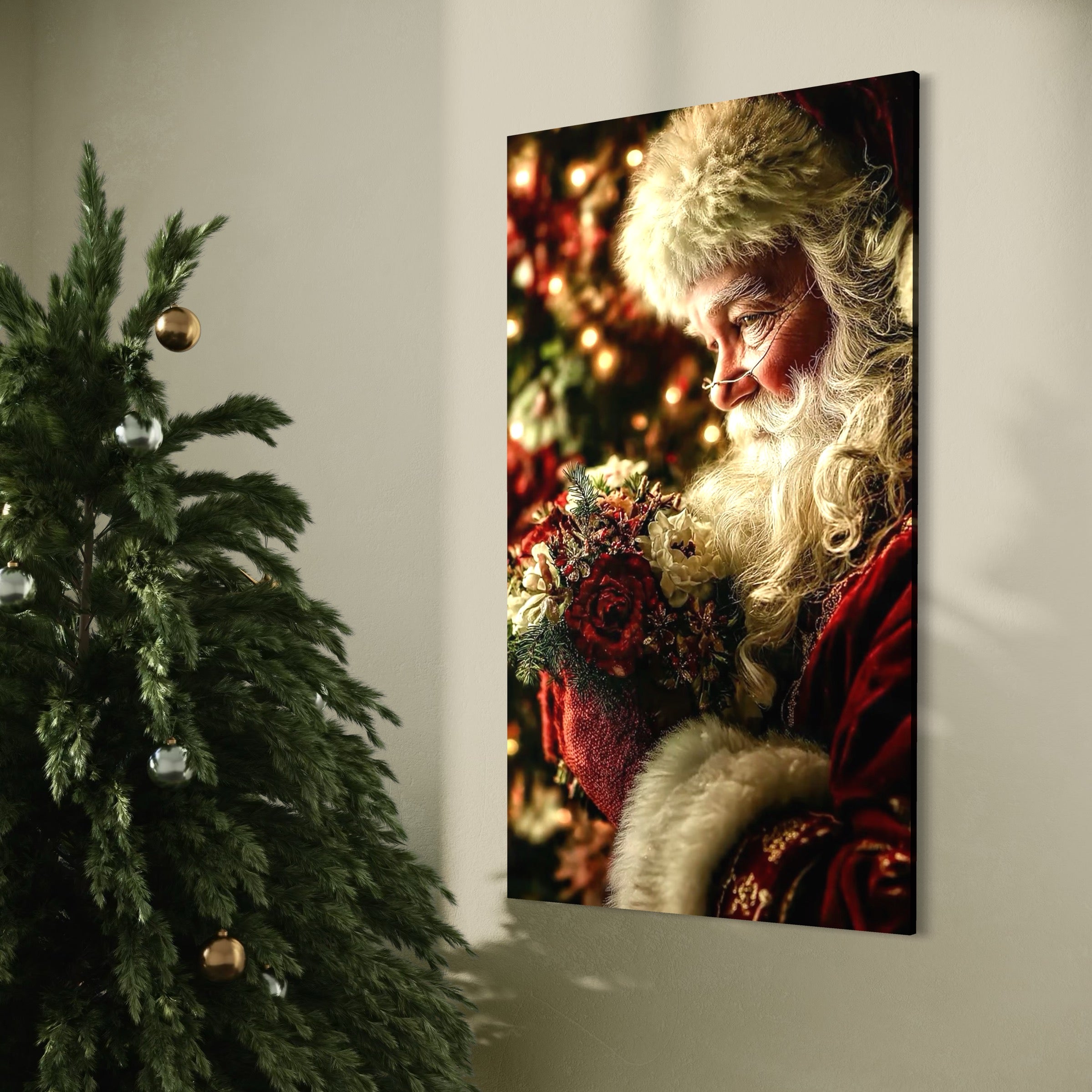 Tablou Canvas Premium, LuxCanva® D1139, Moment de Liniste cu Mos Craciun, Iarna, Ajun, Craciun, Mos, Rosu, Flori, Generozitate, Traditie, Blana, Alb, Barba, Trandafiri, Living, Dormitor