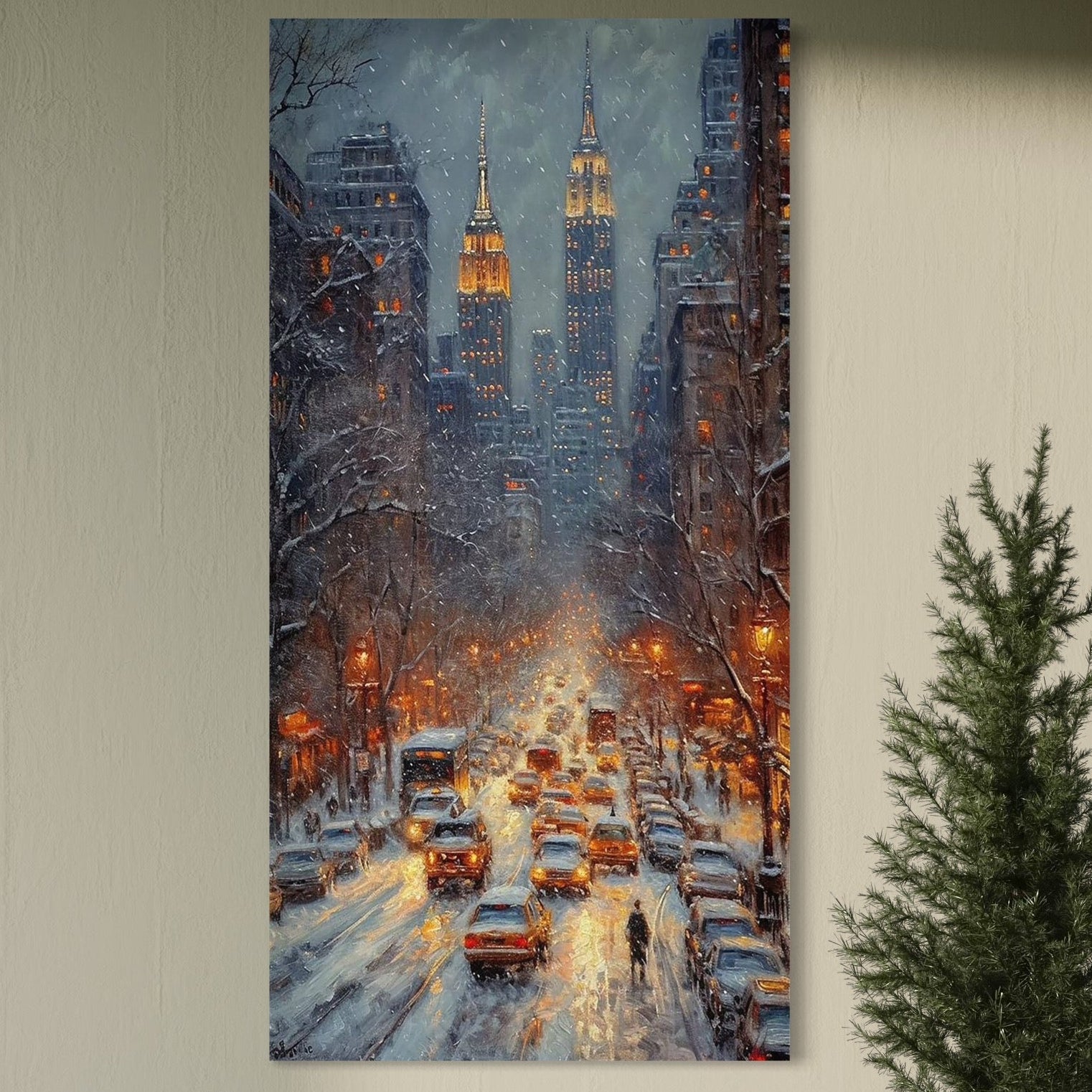 Tablou Canvas Premium, LuxCanva® D1140, Trafic in Vortexul Iernii, Oras, Luminat, Trafic, Ninsoare, Bulevard, Masini, Aglomerat, Cladiri, Inzapezit, Semafor, Agitatie, Living, Dormitor