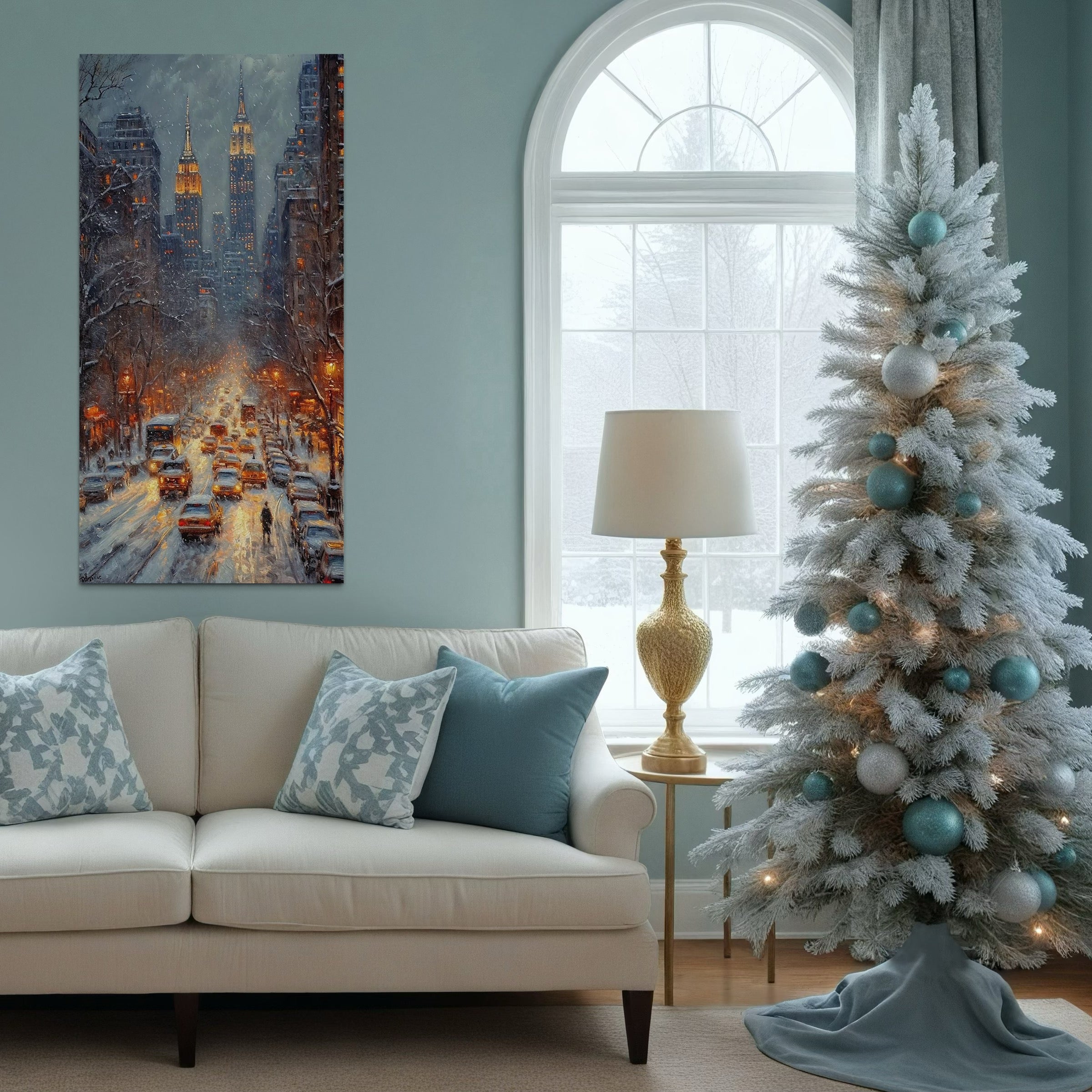 Tablou Canvas Premium, LuxCanva® D1140, Trafic in Vortexul Iernii, Oras, Luminat, Trafic, Ninsoare, Bulevard, Masini, Aglomerat, Cladiri, Inzapezit, Semafor, Agitatie, Living, Dormitor