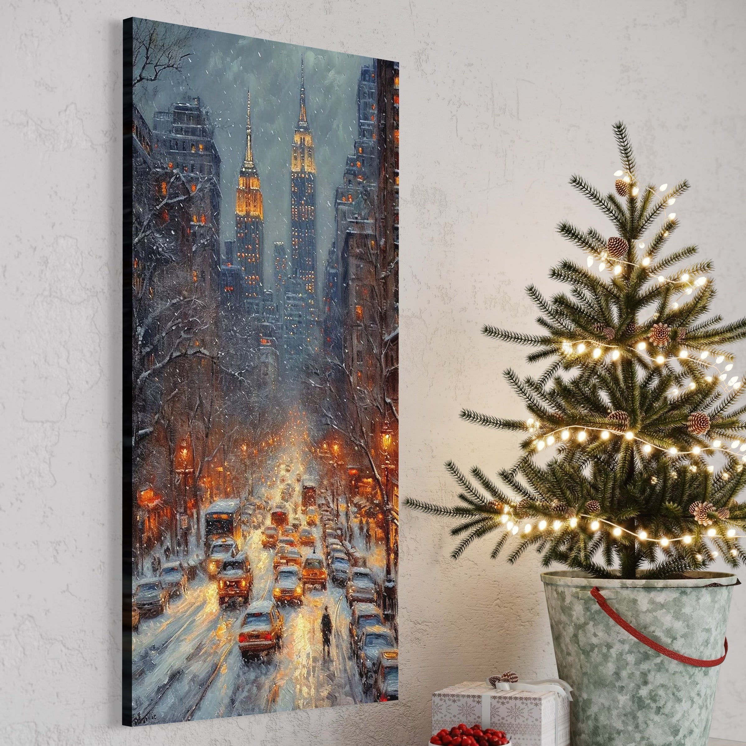 Tablou Canvas Premium, LuxCanva® D1140, Trafic in Vortexul Iernii, Oras, Luminat, Trafic, Ninsoare, Bulevard, Masini, Aglomerat, Cladiri, Inzapezit, Semafor, Agitatie, Living, Dormitor