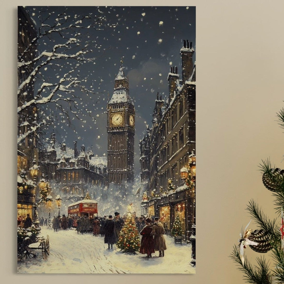 Tablou Canvas Premium, LuxCanva® D1141, Iarna in Piata cu Ceas, Centru, Istoric, Iarna, Noapte, Festiv, Turn, Ceas, Plimbare, Brad, Impodobit, Piata, Ninsoare, Zapada, Living, Dormitor