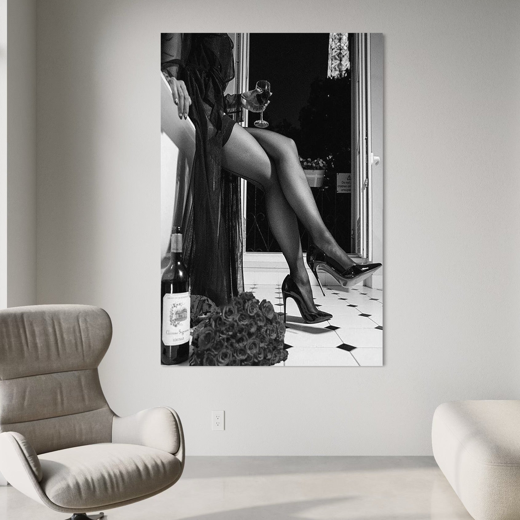 Tablou Canvas Premium, LuxCanva® P1002, Moment la Miezul Noptii, Alb, Negru, Pantofi, Toc, Dresuri, Paris, Vin, Rosu, Hotel, Dantela, Silueta, Trandafiri, Senzualitate, Living, Dormitor