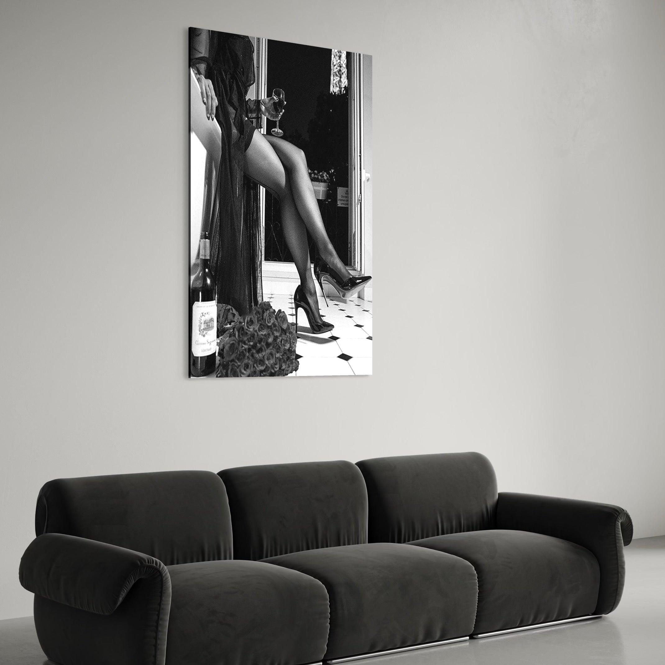 Tablou Canvas Premium, LuxCanva® P1002, Moment la Miezul Noptii, Alb, Negru, Pantofi, Toc, Dresuri, Paris, Vin, Rosu, Hotel, Dantela, Silueta, Trandafiri, Senzualitate, Living, Dormitor