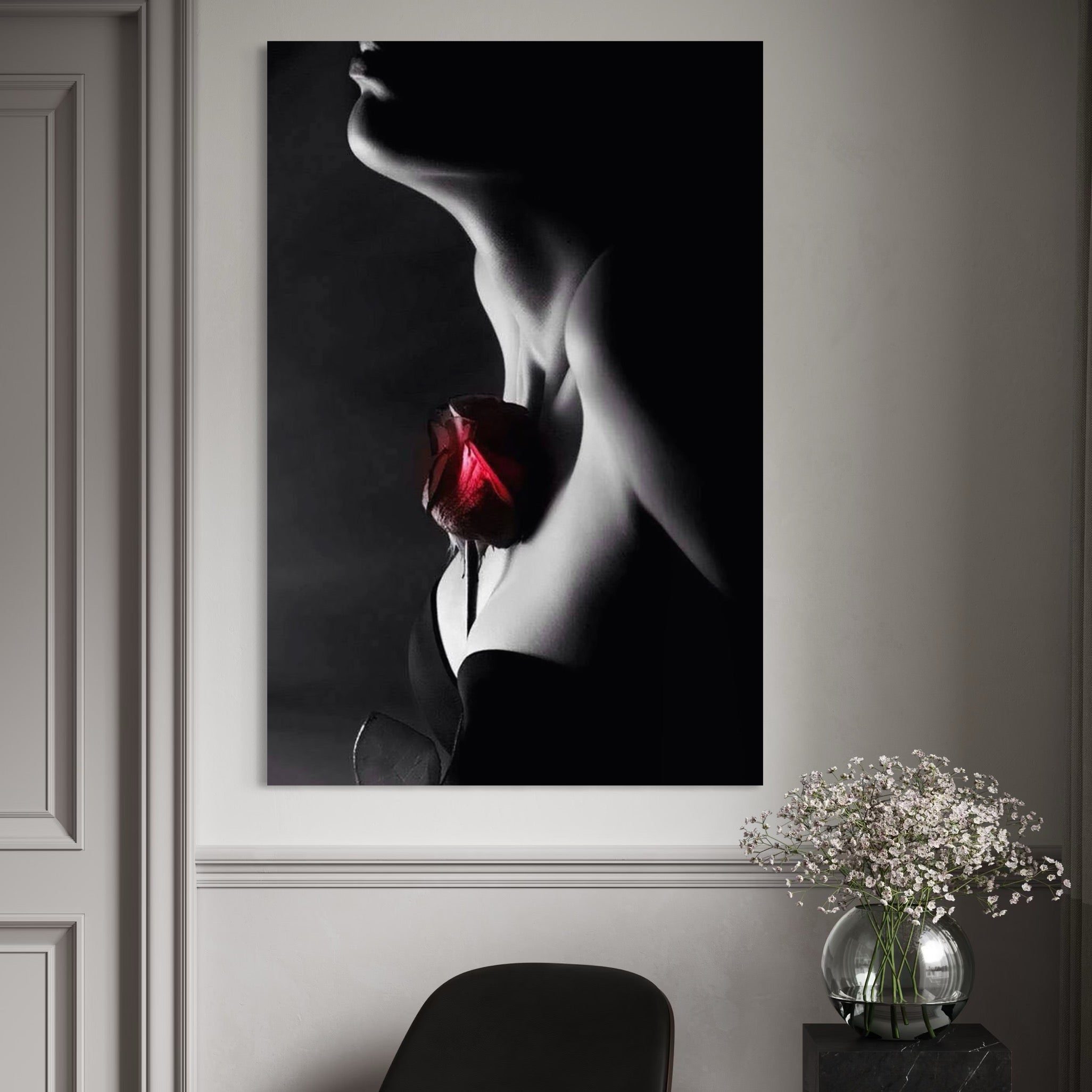 Tablou Canvas Premium, LuxCanva® P1003, Ecouri ale Pielii,  Alb, Negru, Rosu, Trandafir, Piele, Misterios, Dor, Visare, Femeie, Profil, Iubire, Romantism, Sexy, Living, Dormitor