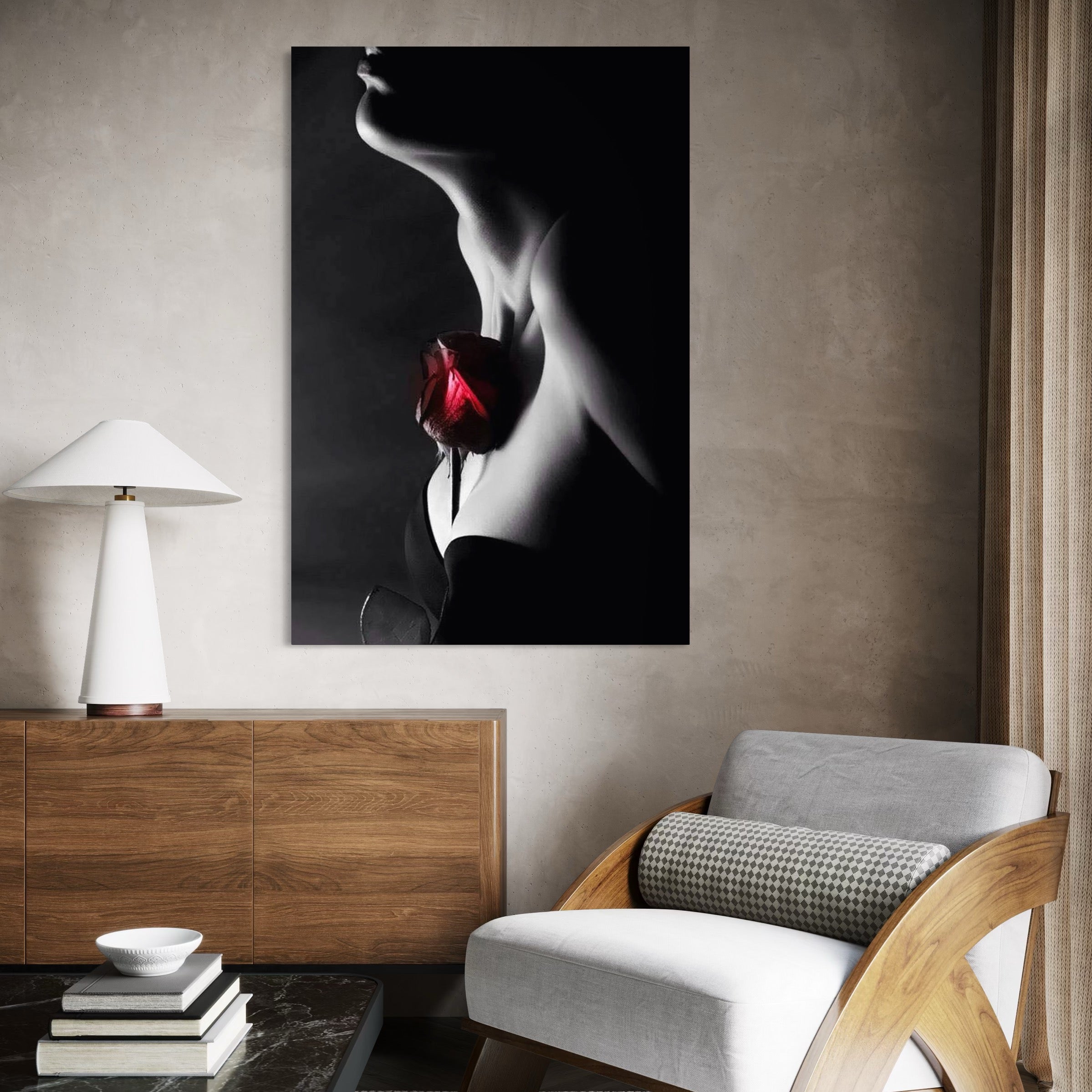 Tablou Canvas Premium, LuxCanva® P1003, Ecouri ale Pielii,  Alb, Negru, Rosu, Trandafir, Piele, Misterios, Dor, Visare, Femeie, Profil, Iubire, Romantism, Sexy, Living, Dormitor