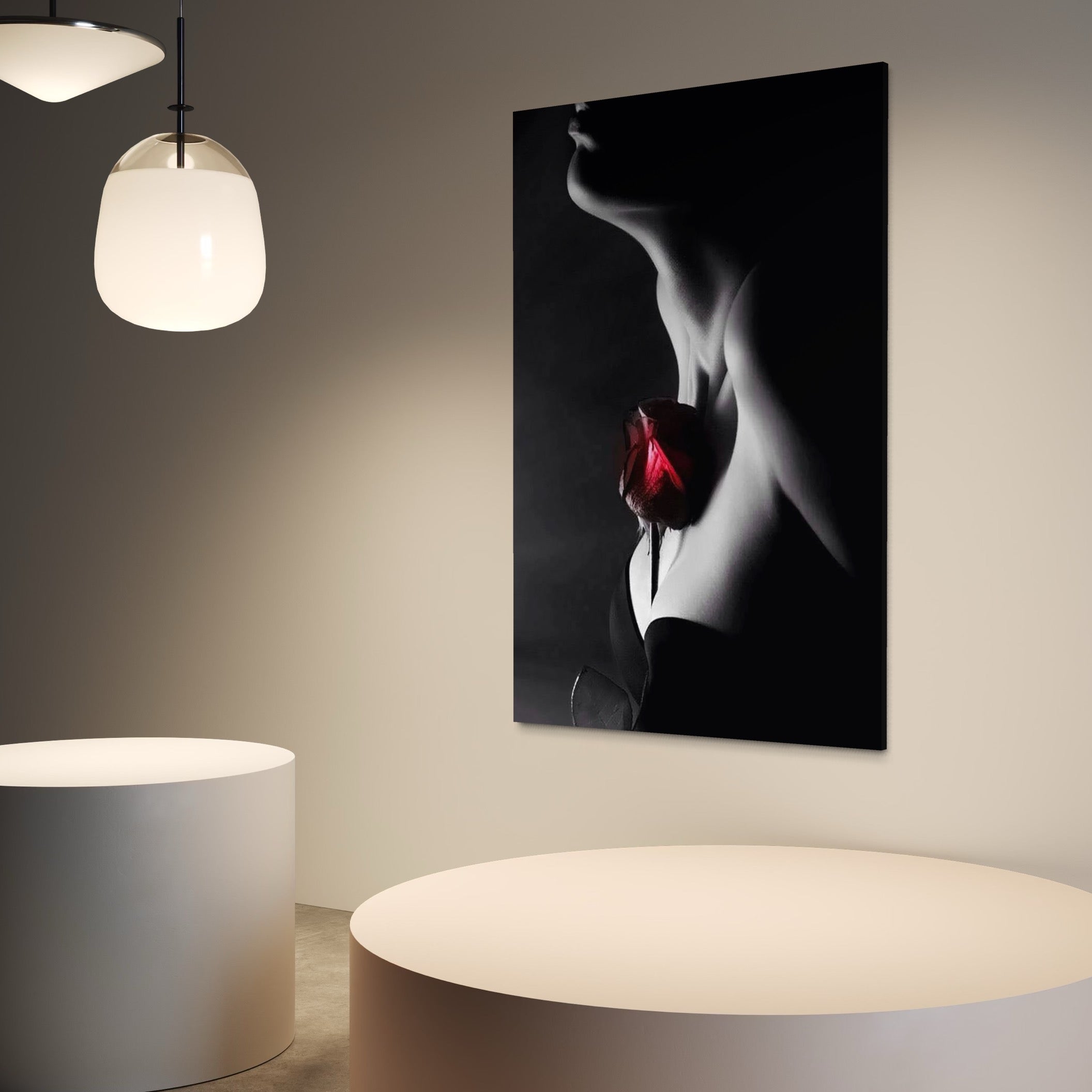 Tablou Canvas Premium, LuxCanva® P1003, Ecouri ale Pielii,  Alb, Negru, Rosu, Trandafir, Piele, Misterios, Dor, Visare, Femeie, Profil, Iubire, Romantism, Sexy, Living, Dormitor