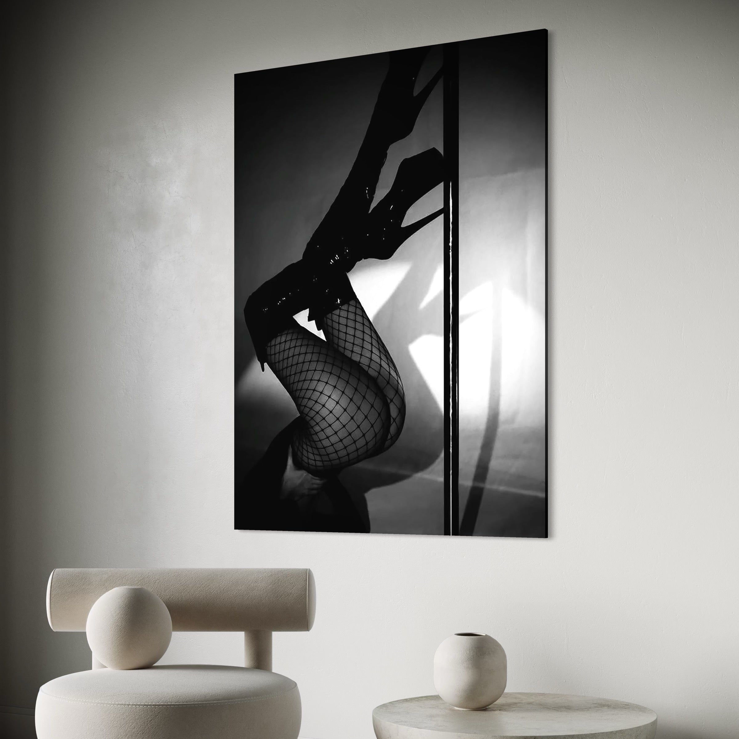 Tablou Canvas Premium, LuxCanva® P1004, Geometria Seductiei, Alb, Negru, Dres, Plasa, Dans, Artistic, Miscare, Pantofi, Platforme, Picioare, Senzualitate, Sexy, Living, Dormitor