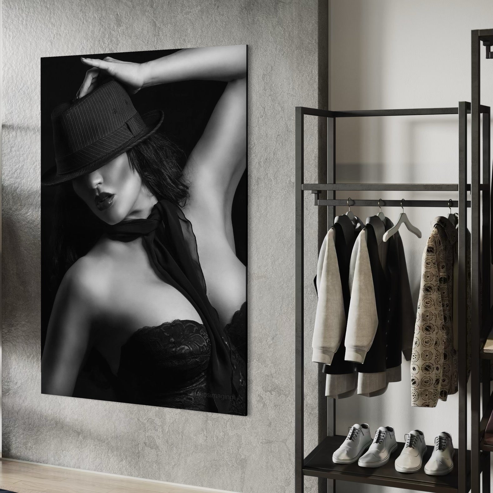 Tablou Canvas Premium, LuxCanva® P1005, Atingerea Misterului, Dantela, Negru, Seductie, Noir, Esarfa, Palarie, Dramatic, Cinematic, Fotografie, Buze, Detalii, Sexy, Living, Dormitor