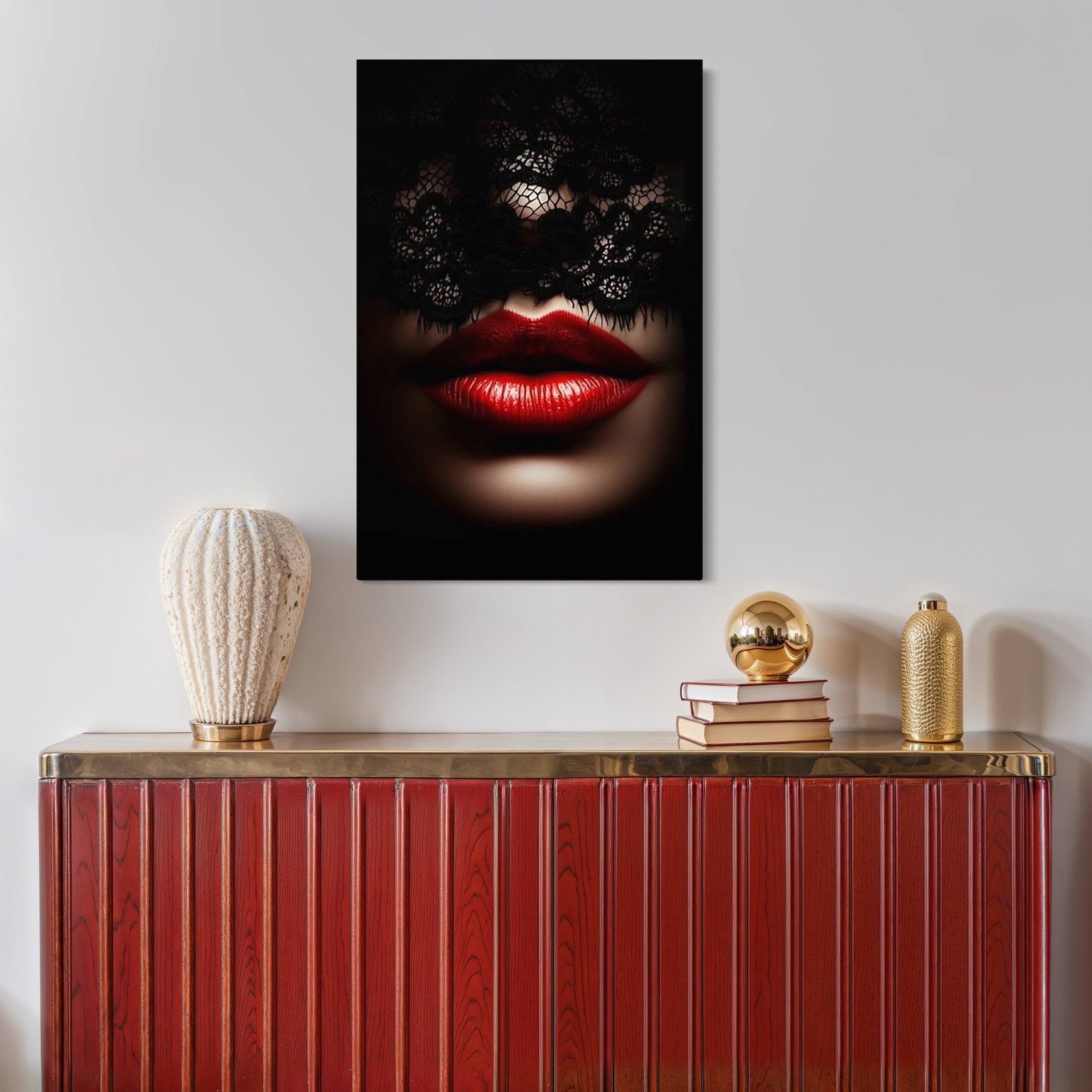 Tablou Canvas Premium, LuxCanva® P1006, Rosu sub Dantela, Dantela, Negru, Seductie, Ruj, Rosu, Masca, Erotism, Eleganta, Fashion, Dramatic, Sarut, Mister, Tacere, Living, Dormitor