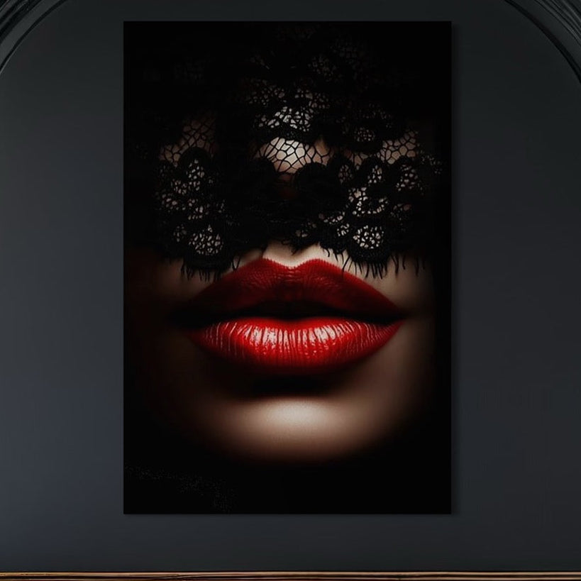Tablou Canvas Premium, LuxCanva® P1006, Rosu sub Dantela, Dantela, Negru, Seductie, Ruj, Rosu, Masca, Erotism, Eleganta, Fashion, Dramatic, Sarut, Mister, Tacere, Living, Dormitor