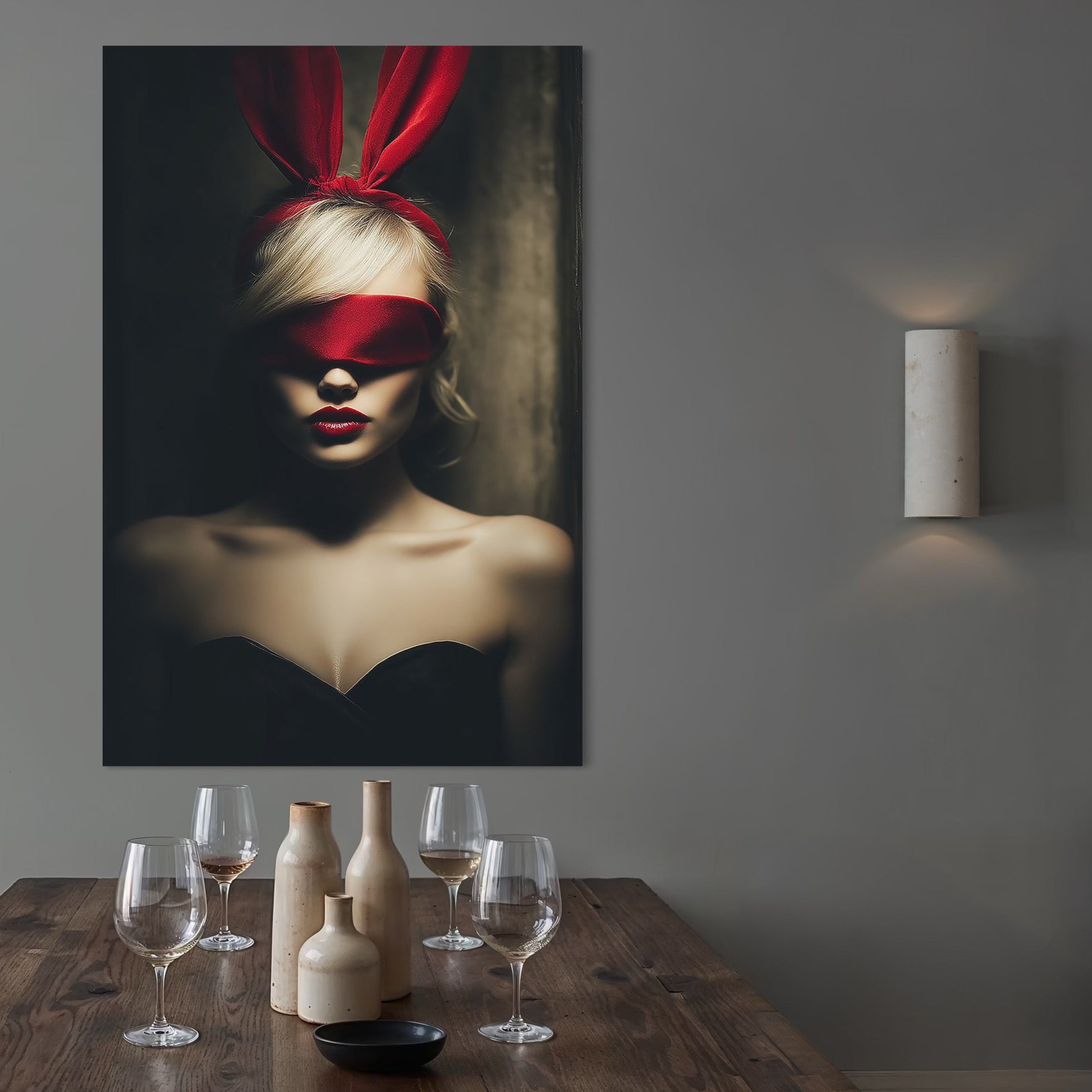 Tablou Canvas Premium, LuxCanva® P1007, Femininul Interzis, Panglica, Rosu, Playboy, Iepuras, Masca, Urechi, Catifea, Obscur, Intuneric, Dorinta, Seductie, Sexy, Living, Dormitor