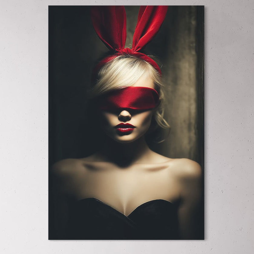 Tablou Canvas Premium, LuxCanva® P1007, Femininul Interzis, Panglica, Rosu, Playboy, Iepuras, Masca, Urechi, Catifea, Obscur, Intuneric, Dorinta, Seductie, Sexy, Living, Dormitor