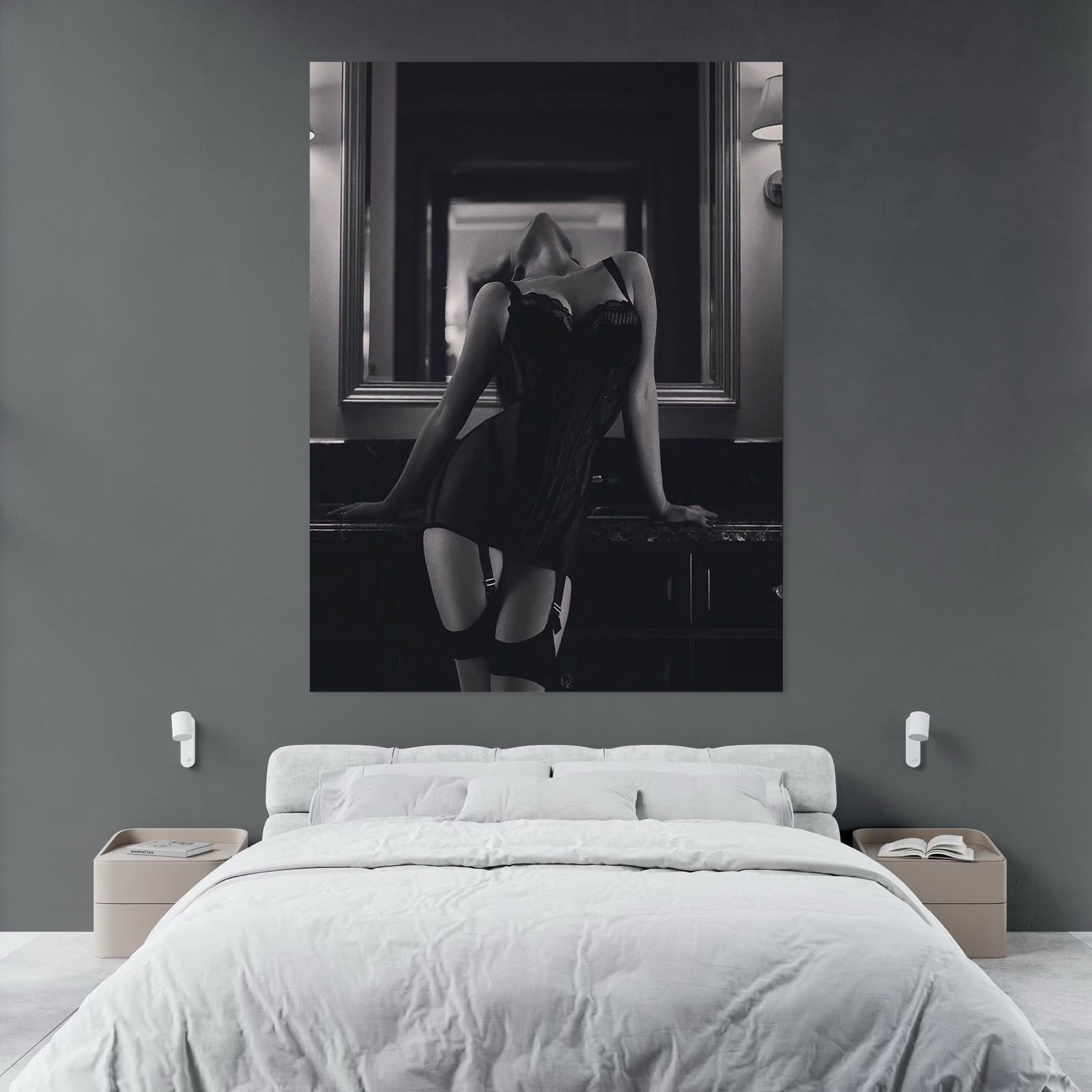 Tablou Canvas Premium, LuxCanva® P1008, Sub Lumina Difuza, Interzis, Sexy, Femeie, Trup, Pasiune, Dorinta, Silueta, Umbre, Negru, Boudoir, Oglinda, Senzual, Living, Dormitor