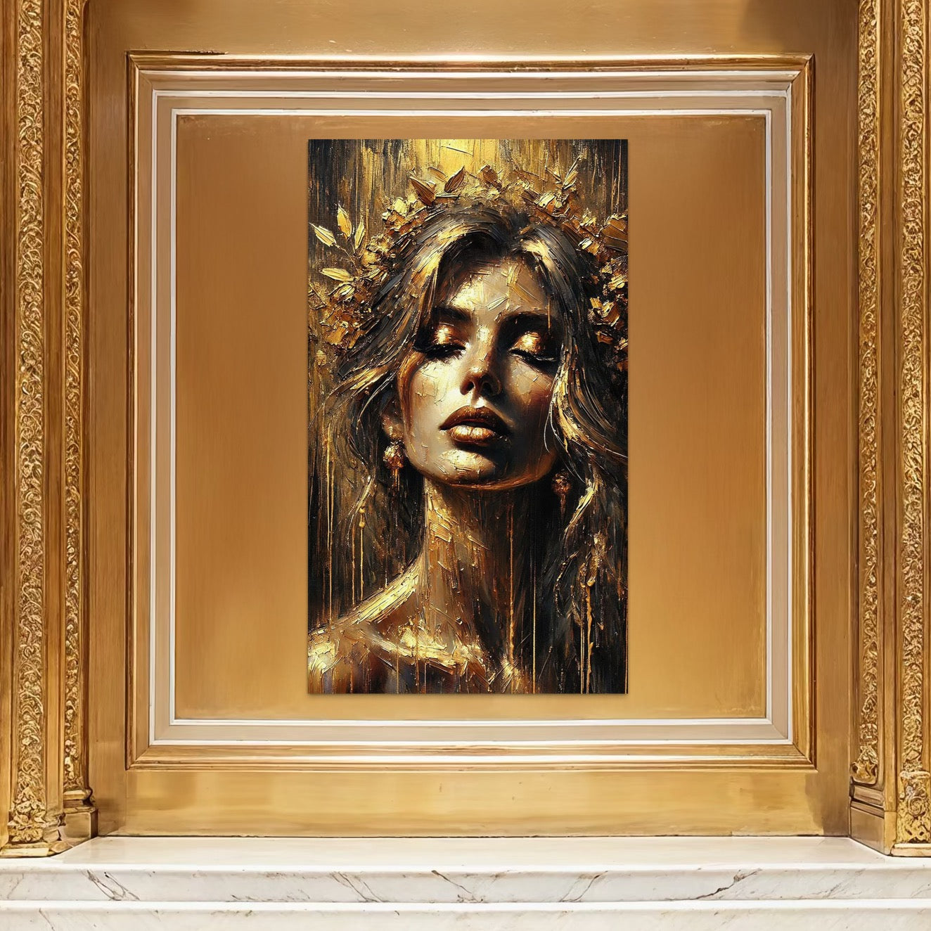 Tablou Canvas Premium, LuxCanva® P1009, Nascuta din Lumina, Zeita, Aur, Coroana, Celesta, Feminitate, Stralucire, Frumusete, Regina, Diva, Soare, Chip, Nemurire, Living, Dormitor