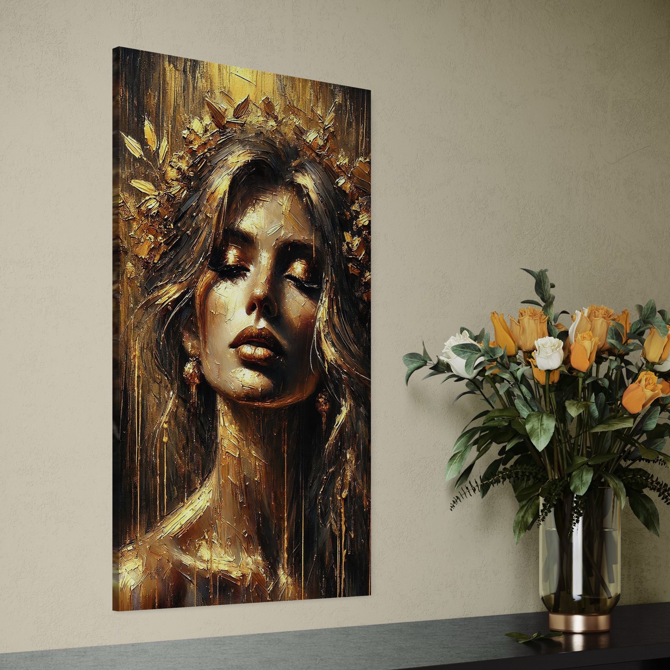 Tablou Canvas Premium, LuxCanva® P1009, Nascuta din Lumina, Zeita, Aur, Coroana, Celesta, Feminitate, Stralucire, Frumusete, Regina, Diva, Soare, Chip, Nemurire, Living, Dormitor