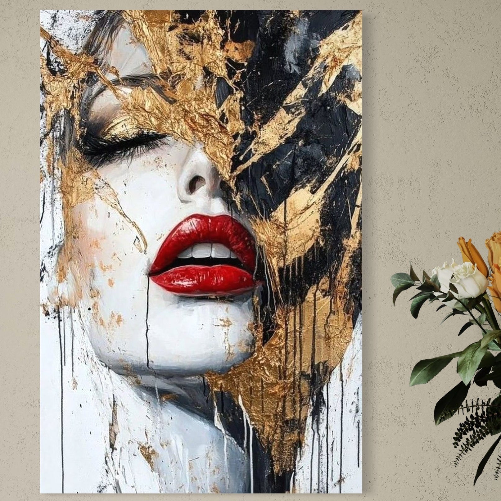 Tablou Canvas Premium, LuxCanva® P1010, Esenta in Rosu si Aur,  Rosu, Auriu, Foita, Chip, Senzual, Frumos, Gratie, Seductie, Reflexii, Textura, Metamorfoza, Ruj, Living, Dormitor