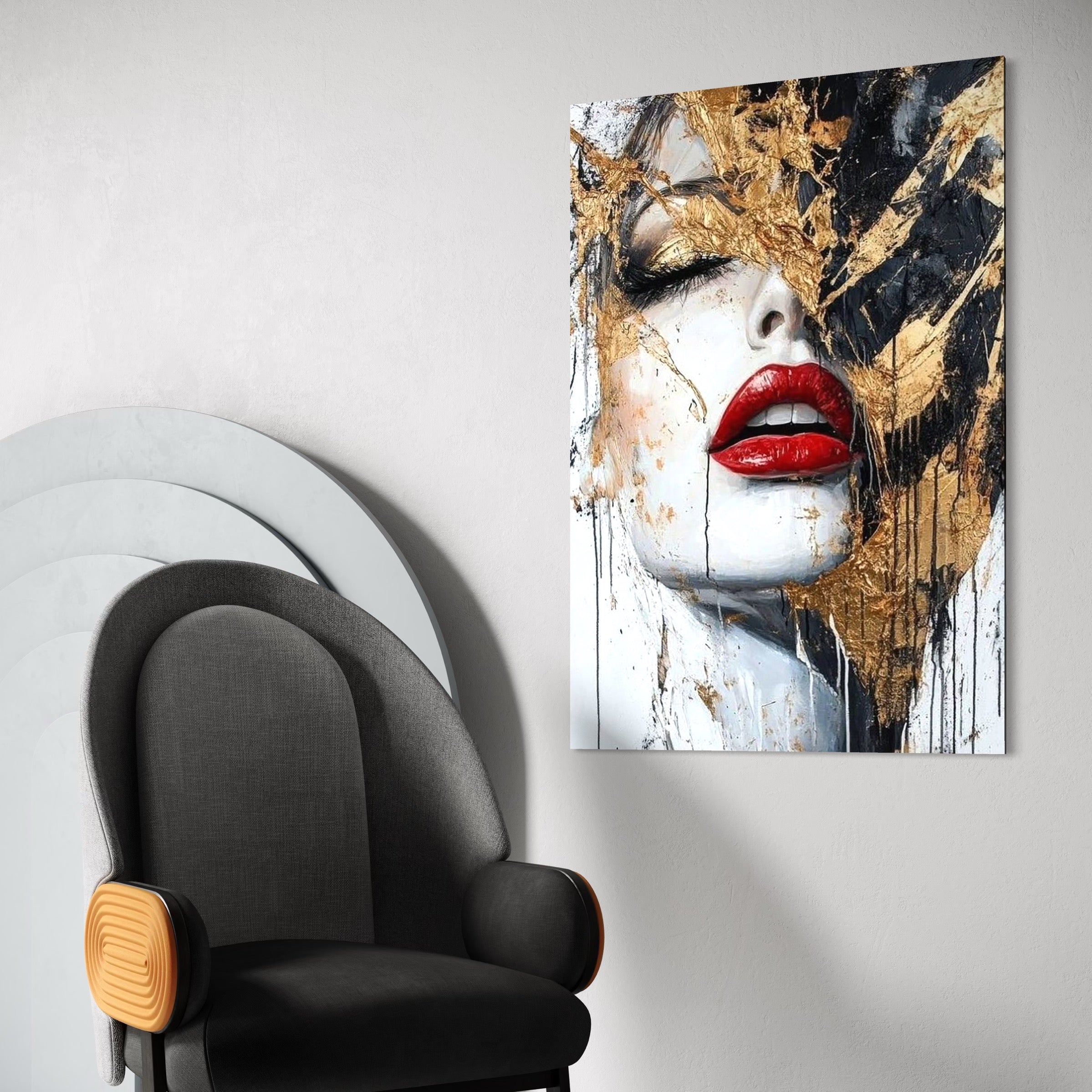 Tablou Canvas Premium, LuxCanva® P1010, Esenta in Rosu si Aur,  Rosu, Auriu, Foita, Chip, Senzual, Frumos, Gratie, Seductie, Reflexii, Textura, Metamorfoza, Ruj, Living, Dormitor