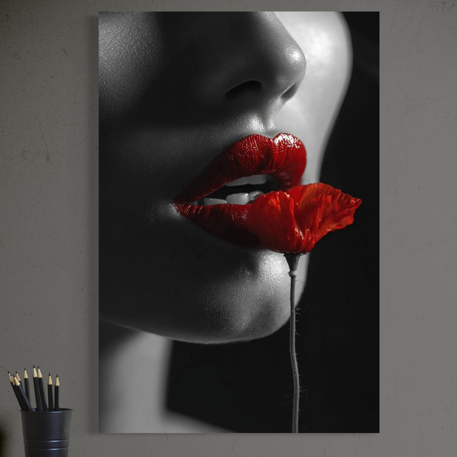 LuxCanva® Tablou Canvas Premium "Sărutul Macului" (P1011) prezintă un prim-plan seducător alb-negru al feței unei femei cu buze roșii lucioase care atinge un mac roșu viu - un decor perfect pentru camera de zi sau dormitor.