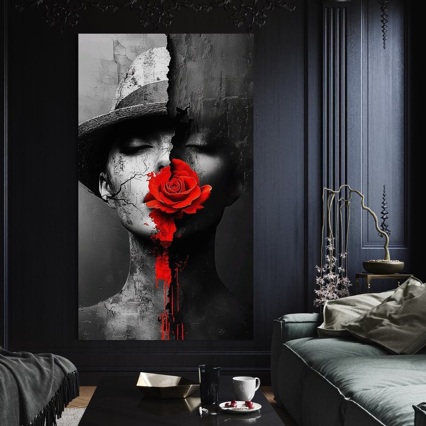 Tablou Canvas Premium, LuxCanva® P1012, Crăpături în Suflet, Rosu, Floare, Palarie, Fractura, Lumina, Intuneric, Chip, Portret, Ruine, Dualitate, Senzualitate, Living, Dormitor