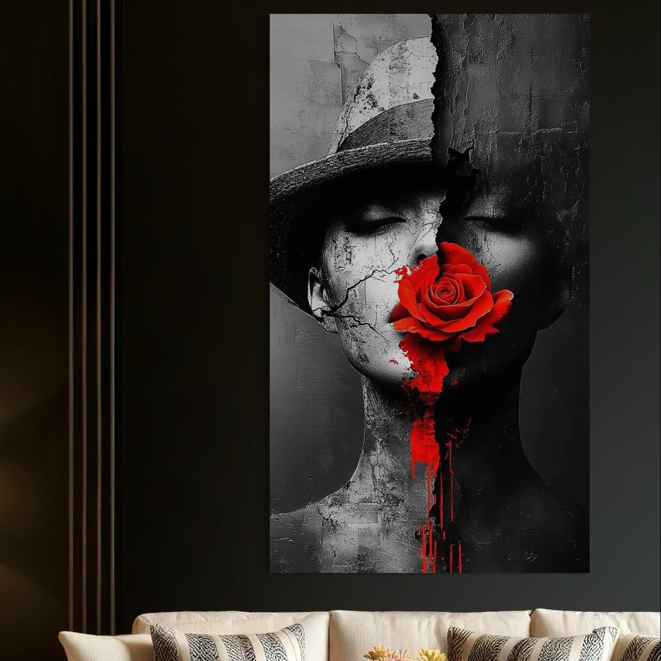 Tablou Canvas Premium, LuxCanva® P1012, Crăpături în Suflet, Rosu, Floare, Palarie, Fractura, Lumina, Intuneric, Chip, Portret, Ruine, Dualitate, Senzualitate, Living, Dormitor