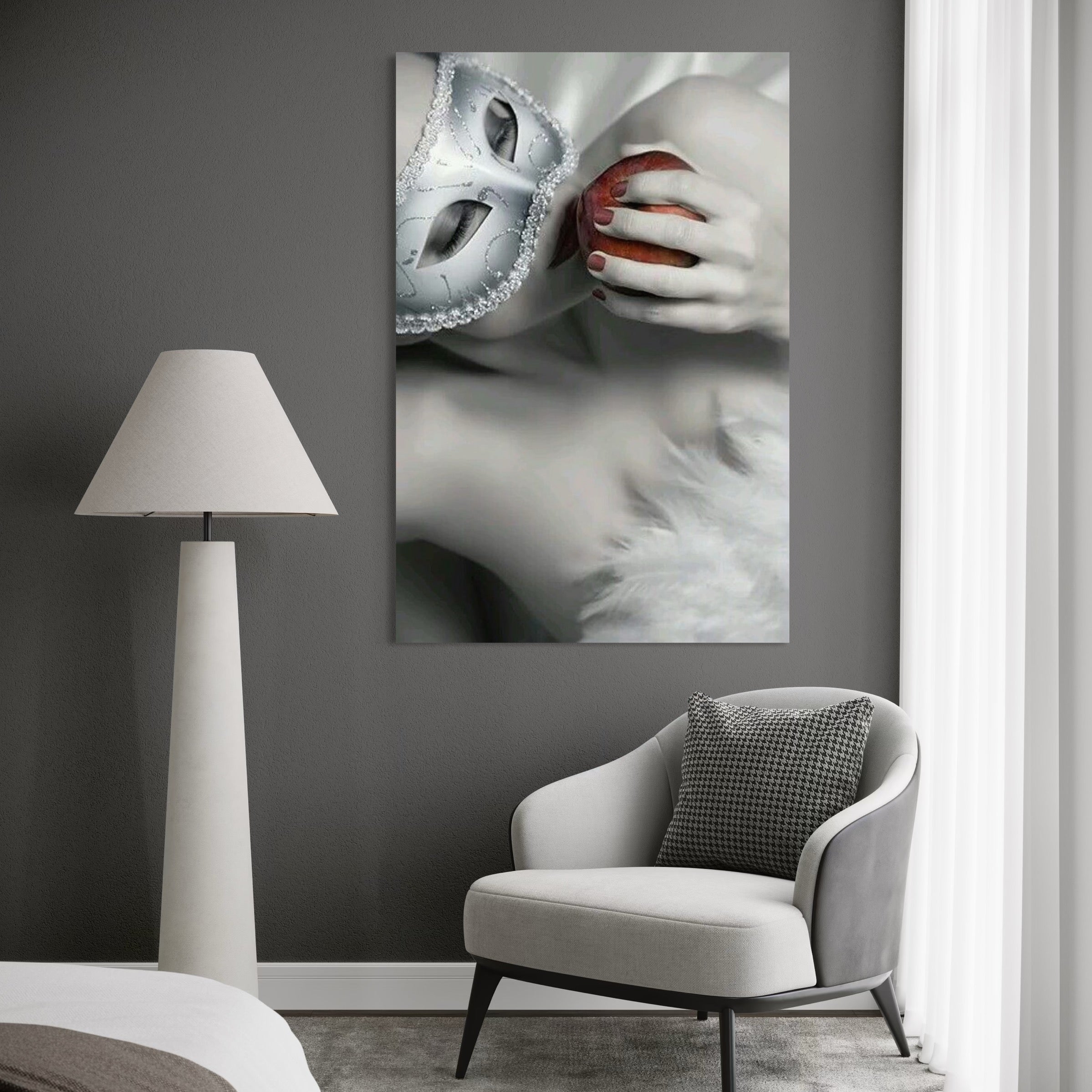 Tablou Canvas Premium, LuxCanva® P1038, Între Puritate și Păcat, Masca, Dantela, Alb, Mar, Rosu, Pacat, Inocenta, Dorinta, Privire, Fior, Tentatie, Fruct, Interzis, Living, Dormitor