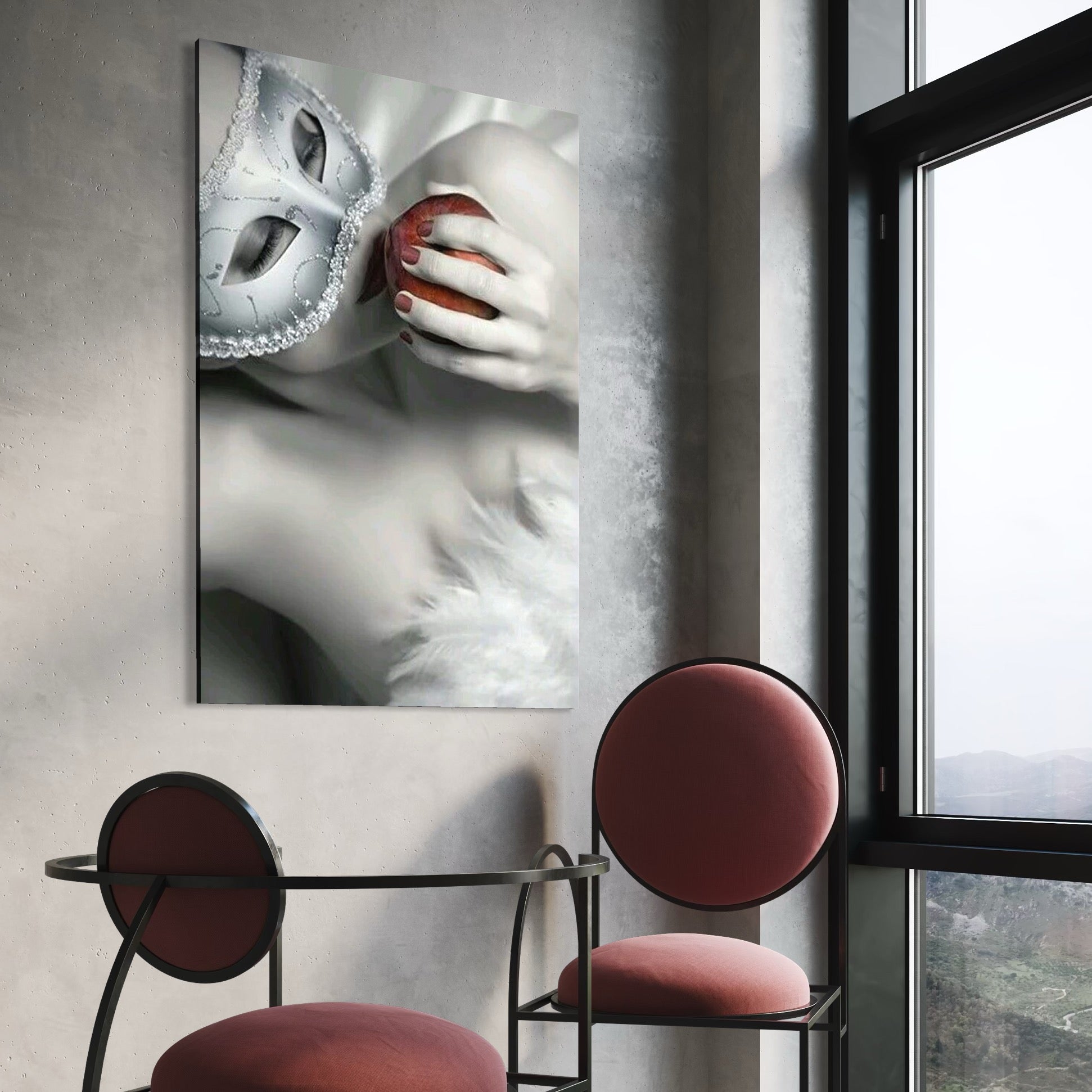 Tablou Canvas Premium, LuxCanva® P1038, Între Puritate și Păcat, Masca, Dantela, Alb, Mar, Rosu, Pacat, Inocenta, Dorinta, Privire, Fior, Tentatie, Fruct, Interzis, Living, Dormitor